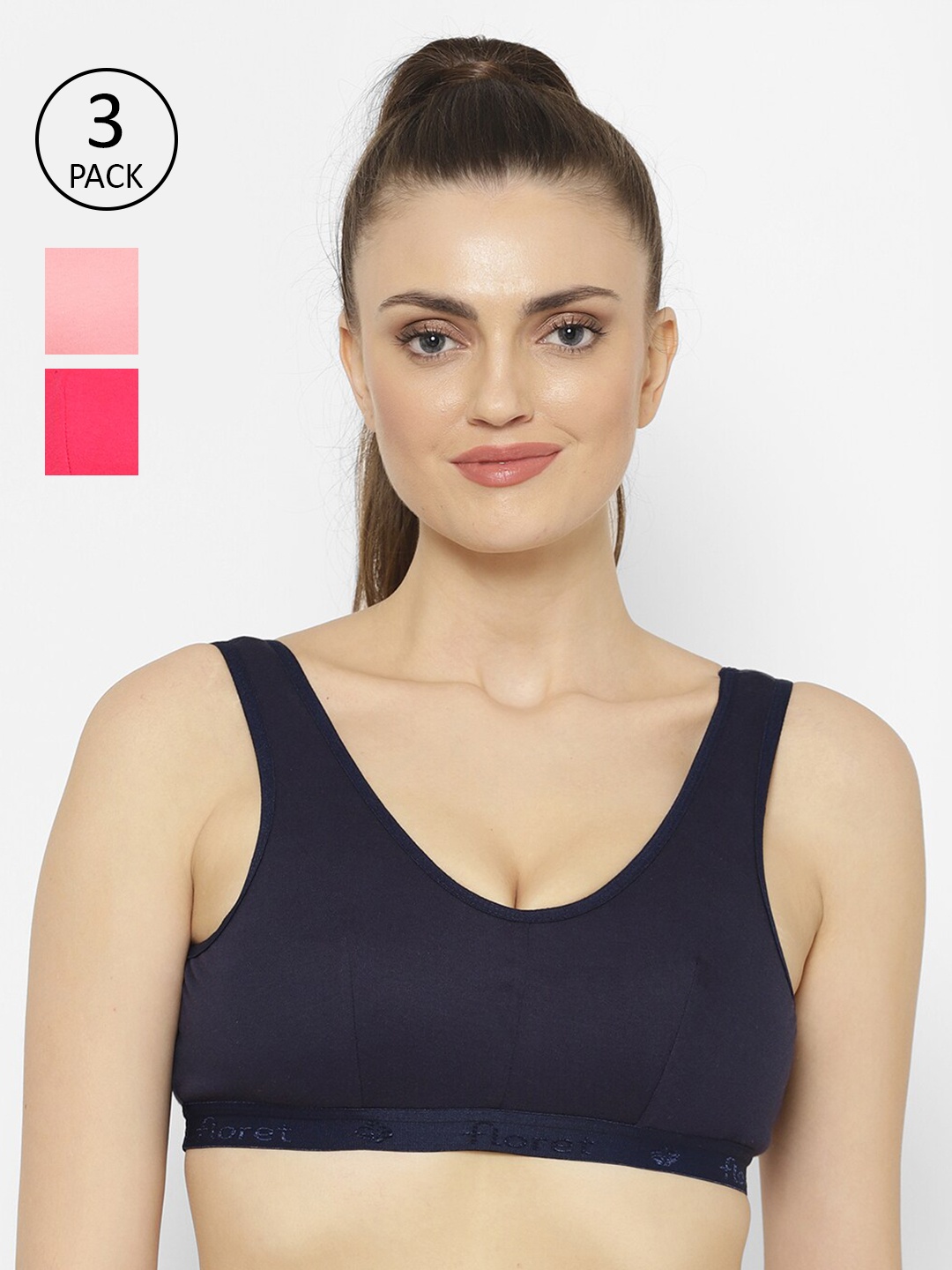 

Floret Rose & Navy Blue Pack Of 3 Non Padded Non Wired All Day Comfort Bra