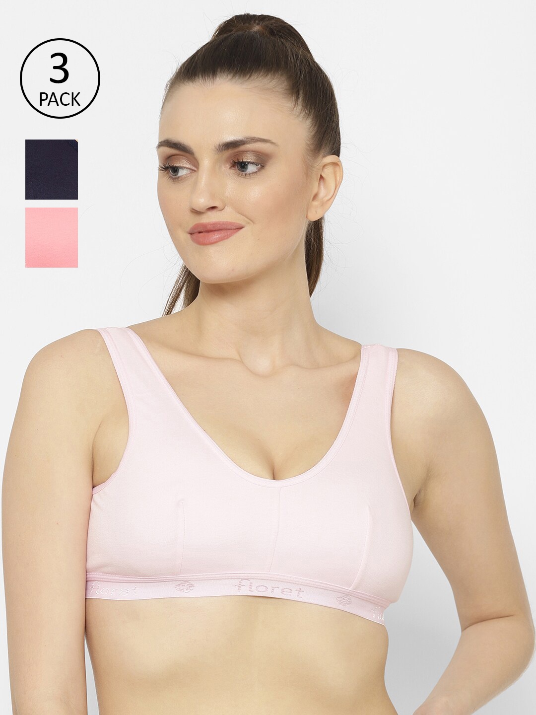 

Floret Solid Set Of 3 Non-Wired Non Padded Workout Bra, Rose