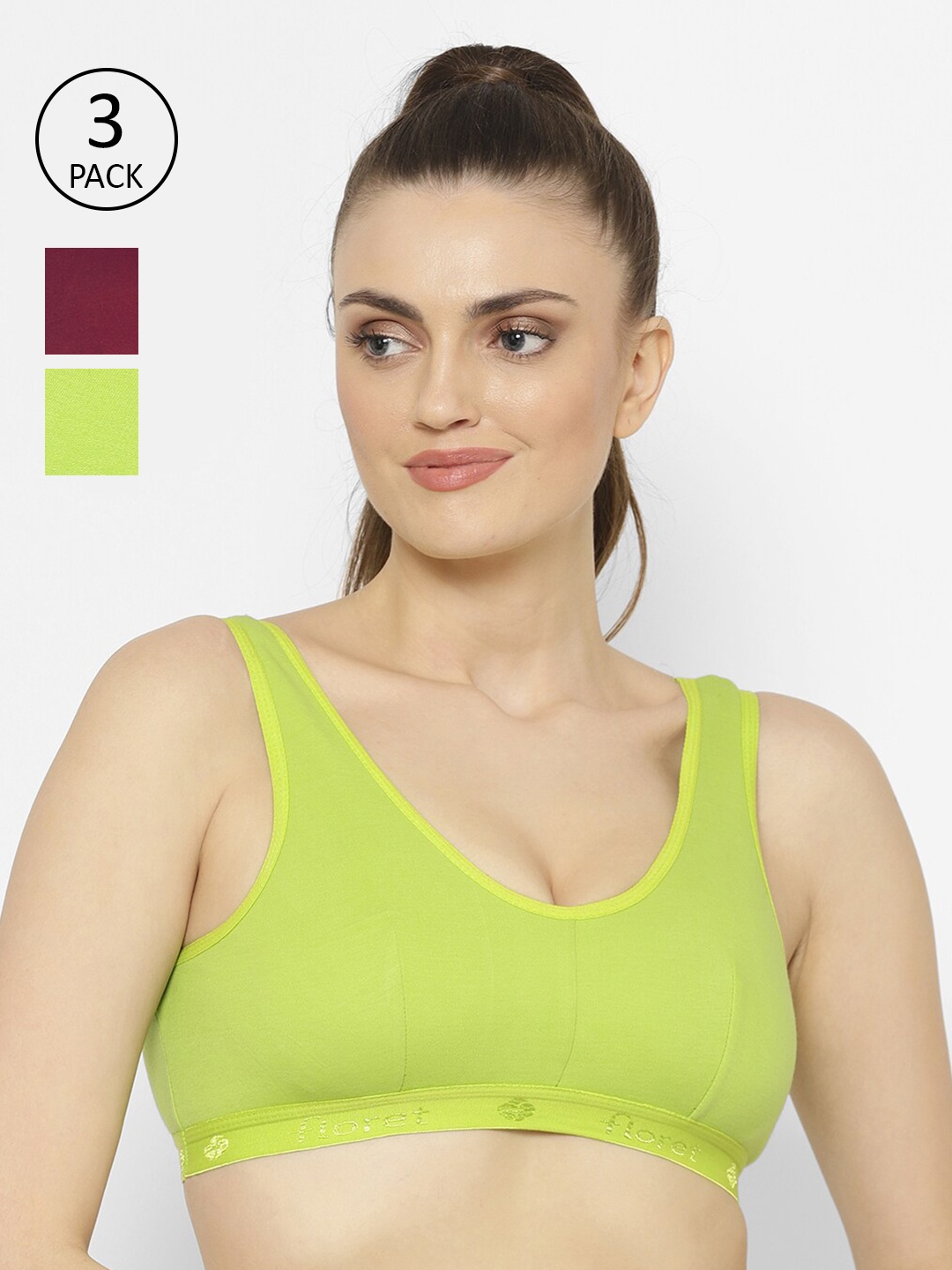 

Floret Lime Green & Burgundy Set of 3 Workout Bra