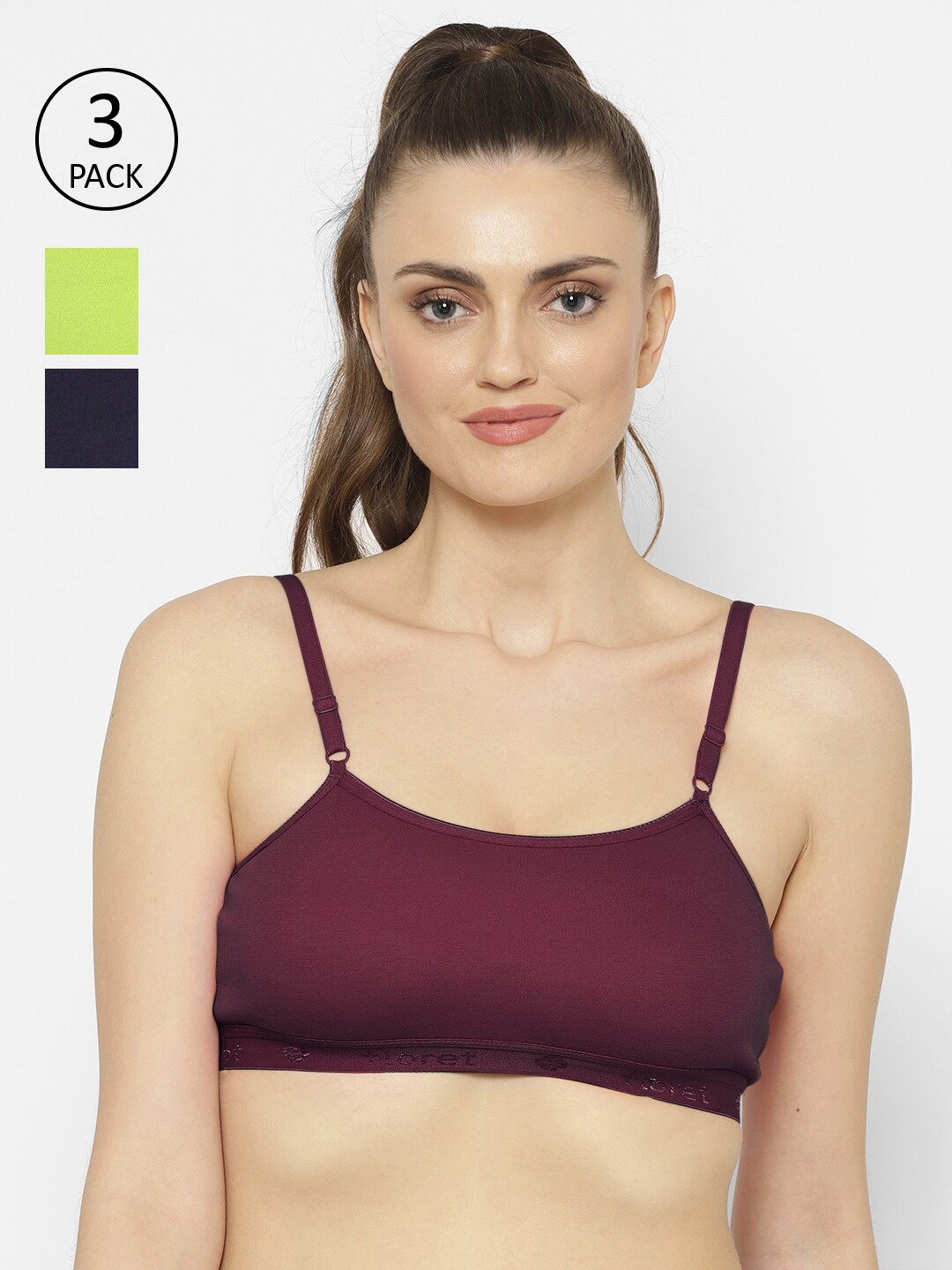 

Floret Solid Set Of 3 Non-Wired Non Padded Workout Bra, Navy blue