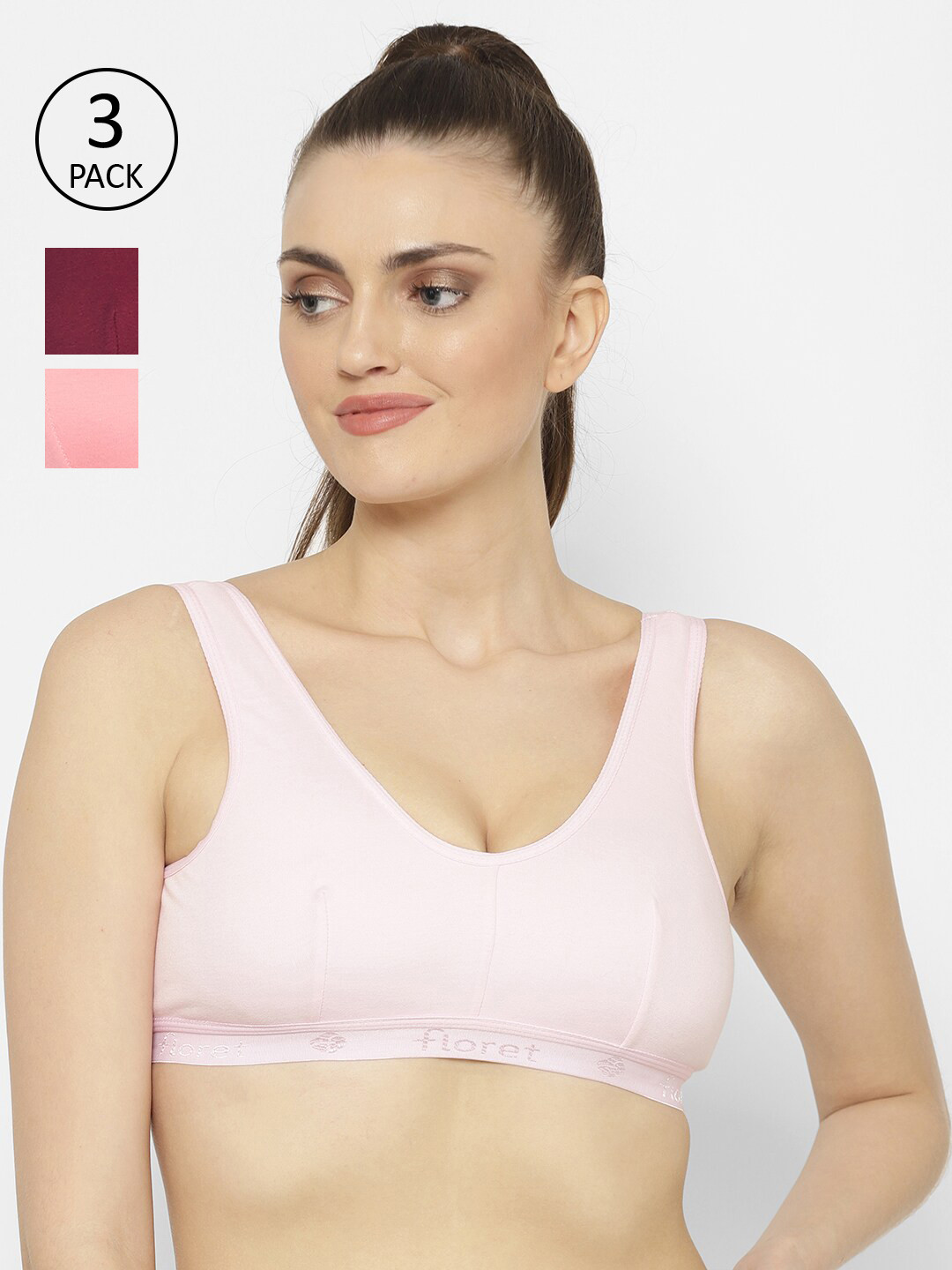 

Floret Pack of 3 Pink Rose & Maroon Non-Padded Workout Bra