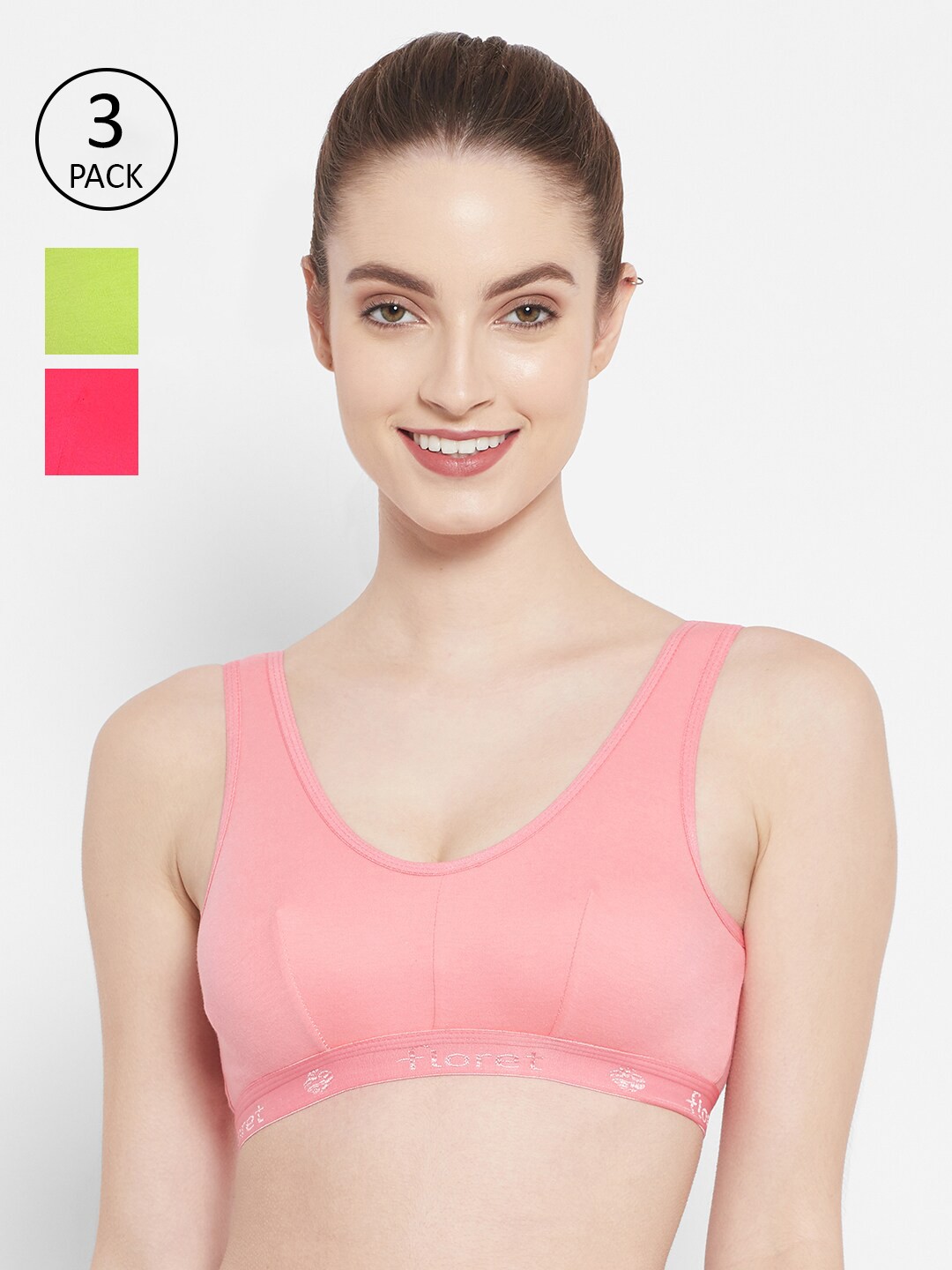 

Floret Women Magenta & Lime Green Solid Set of 3 Slip-on Super Support Bra