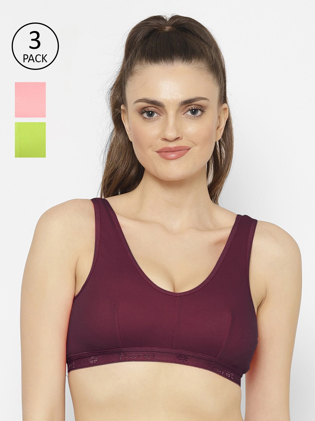 

Floret Pack Of 3 Burgundy Pink and Lime Green Solid All Day Comfort Seamless Workout Bra