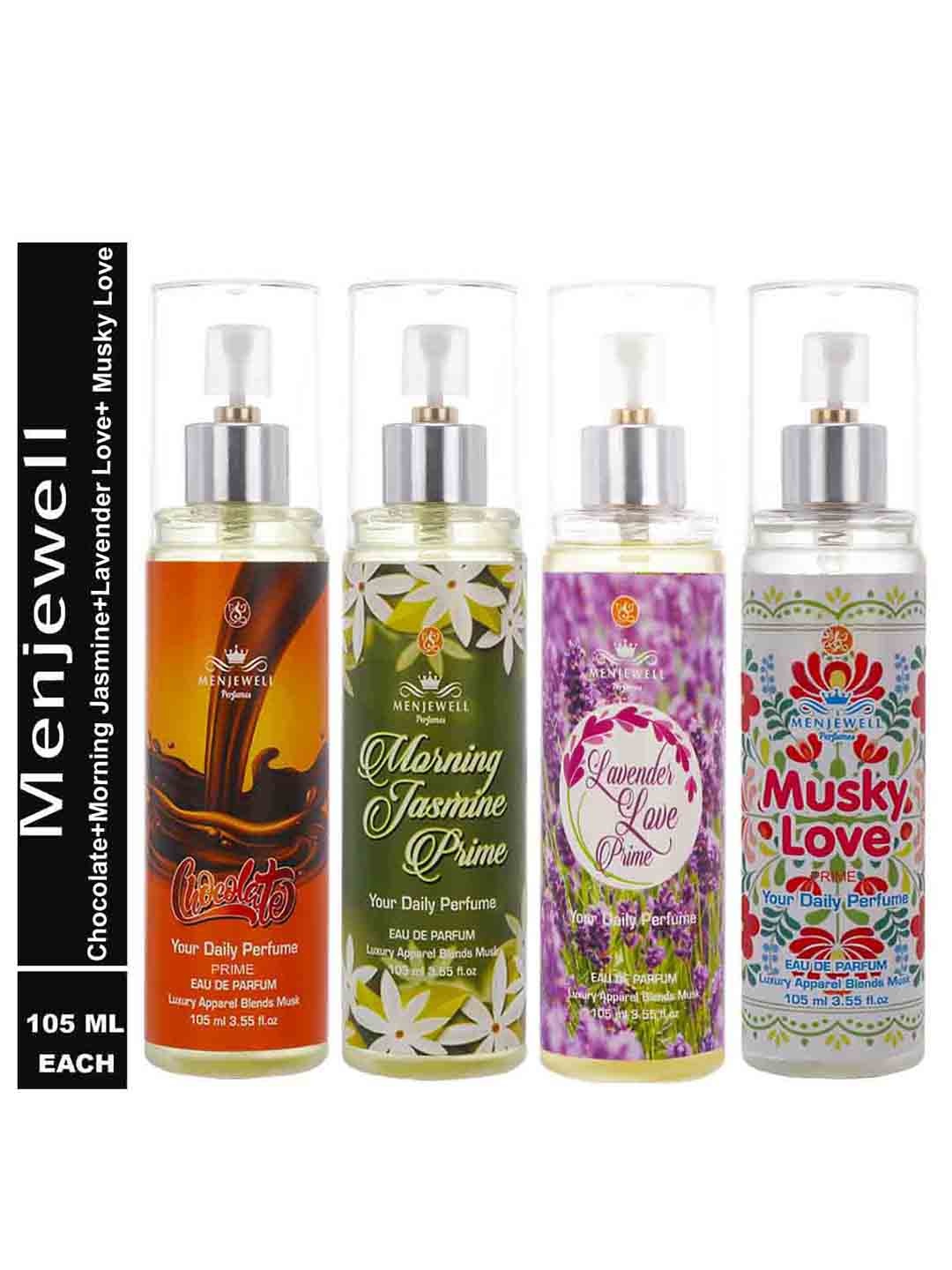 

Menjewell Set of 4 Chocolate - Morning Jasmine - Lavender Love & Musky Love Eau de Parfum, Transparent