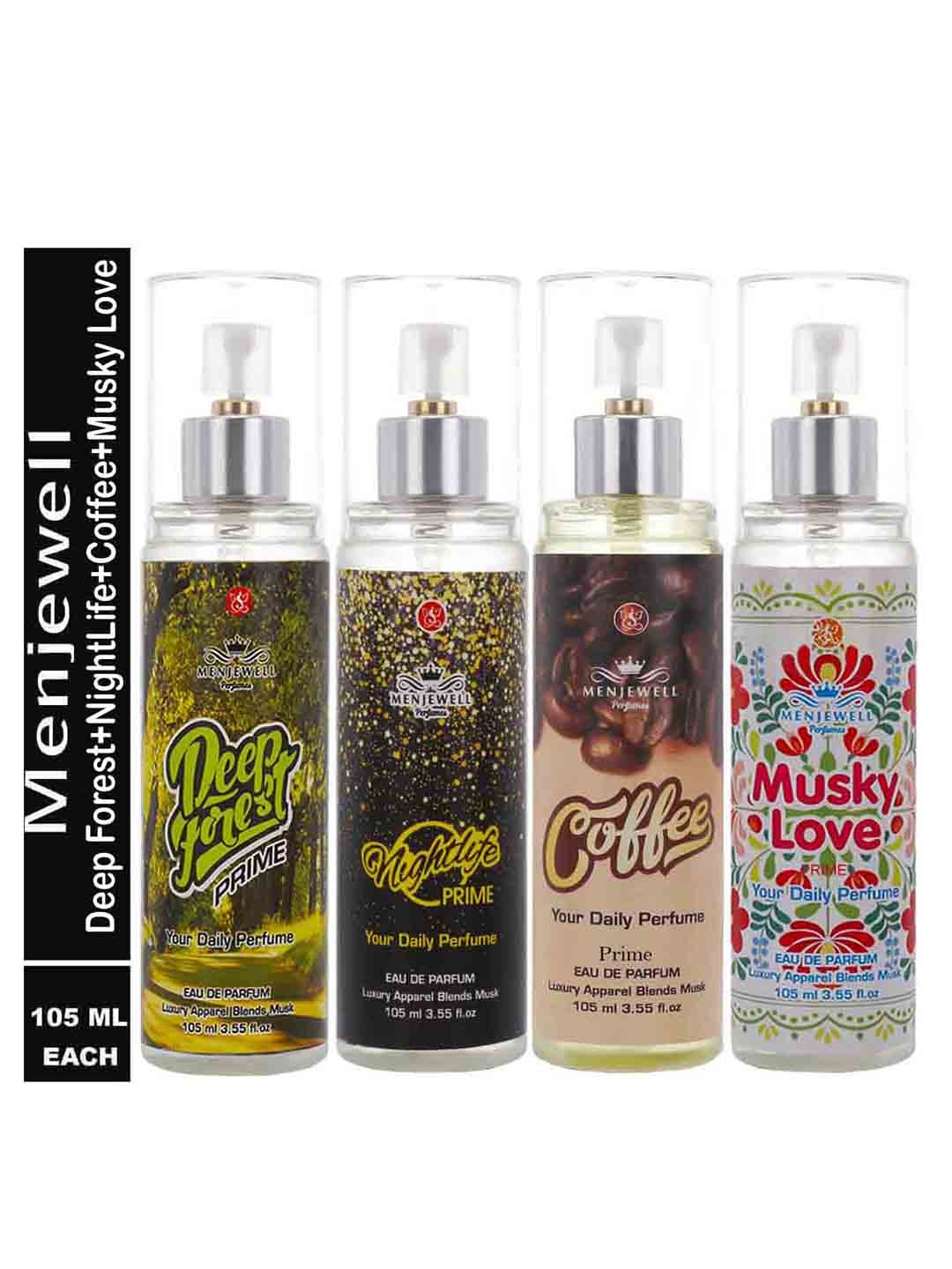 

Menjewell Pack of 4 Deep Forest,Nightlife,Coffee,Musky Love Eau de Parfum- 105 ml each, Yellow