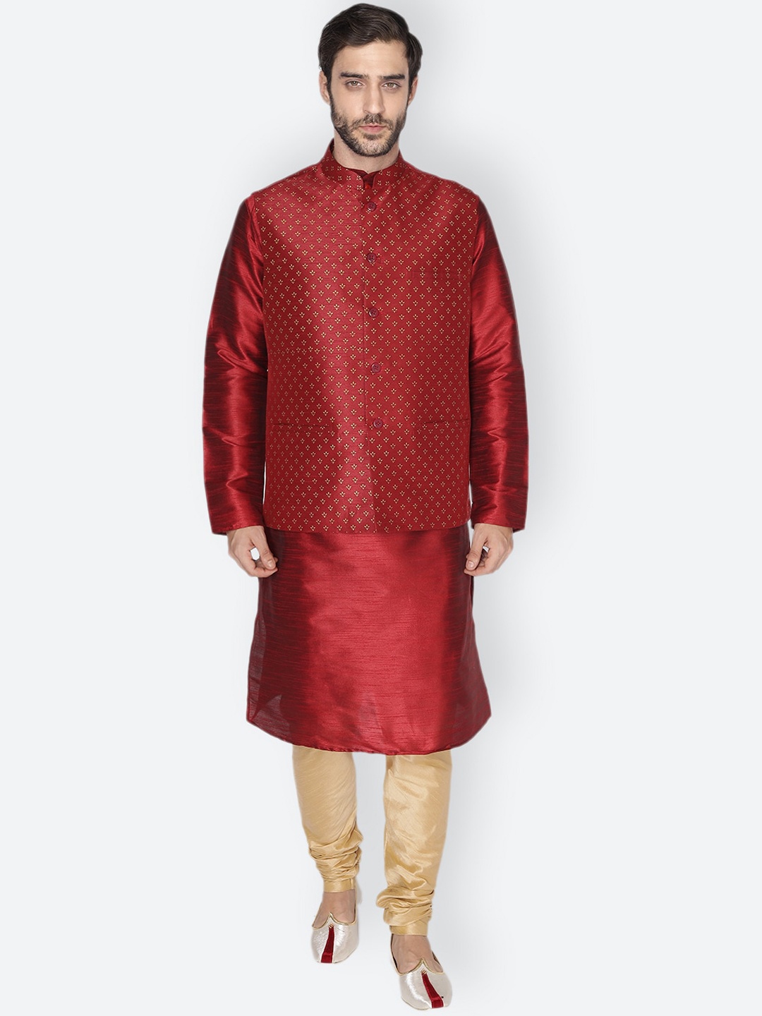

NAMASKAR Men Maroon & Gold-Toned Layered Dupion Silk Kurta with Pyjamas & Nehru Jacket