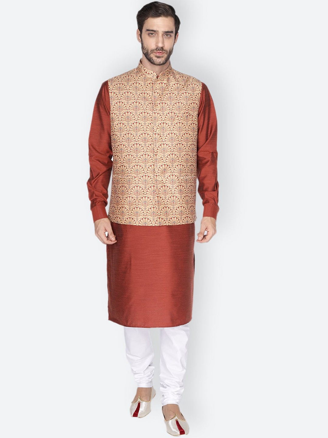 

NAMASKAR Men Rust & White Layered Pure Cotton Kurta with Pyjamas & Nehru Jacket