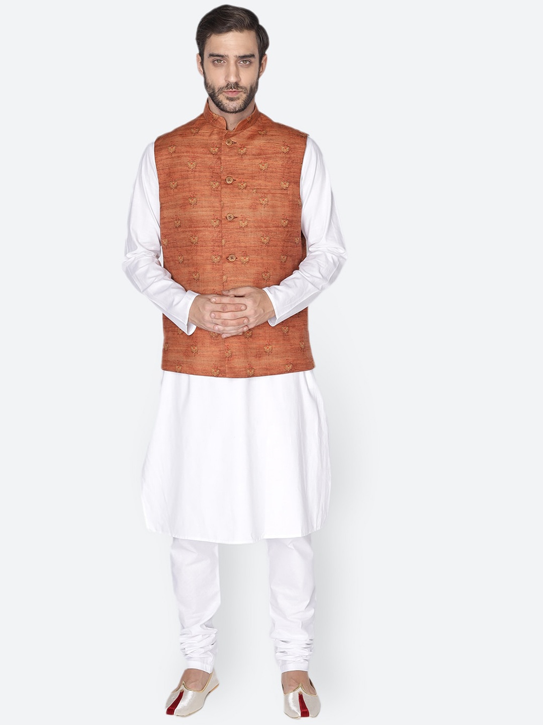 

NAMASKAR Men White & Rust Layered Pure Cotton Kurta with Pyjamas & Nehru Jacket