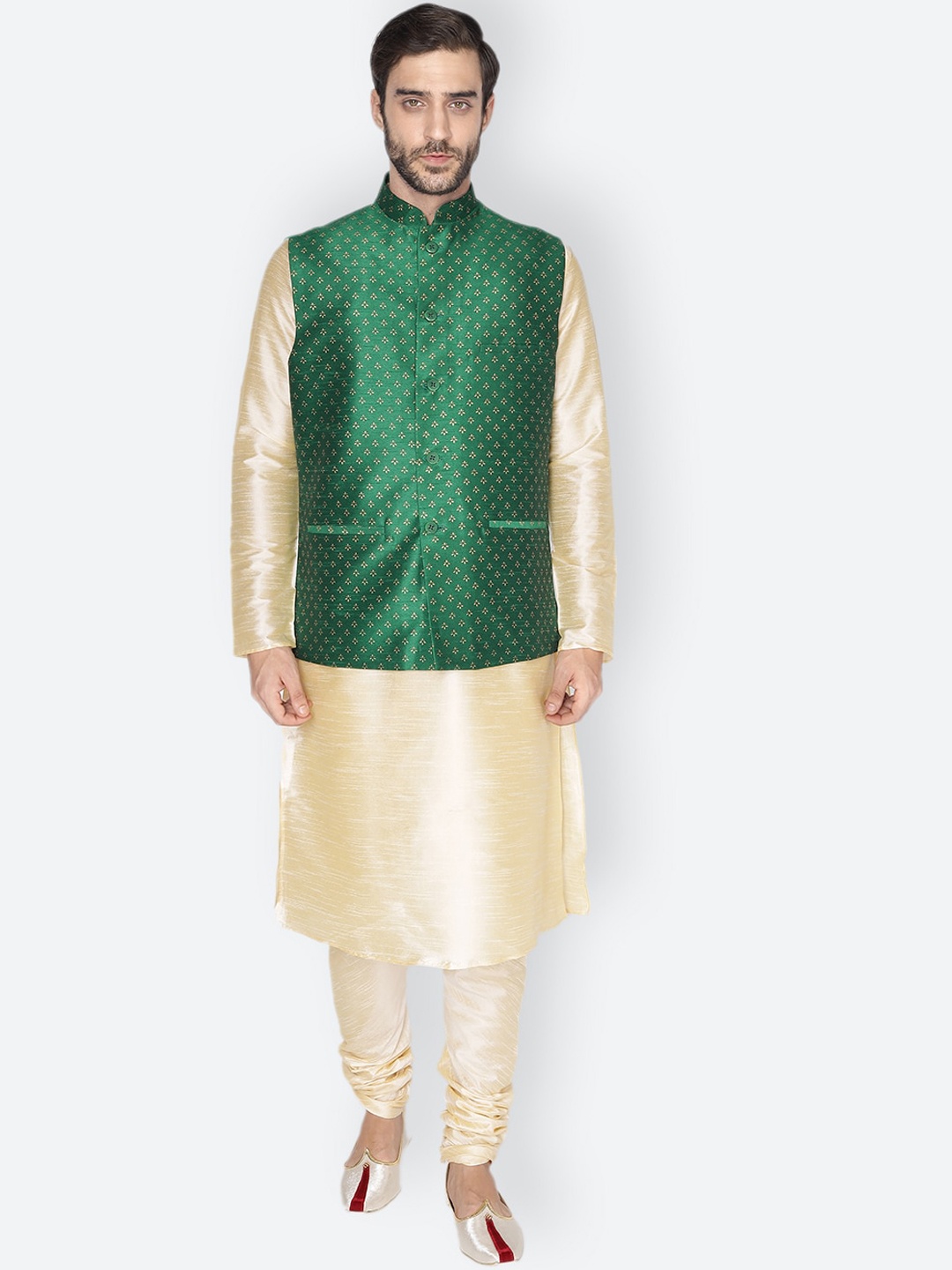 

NAMASKAR Men Gold-Toned & Green Dupion Silk Kurta with Pyjamas & Nehru Jacket