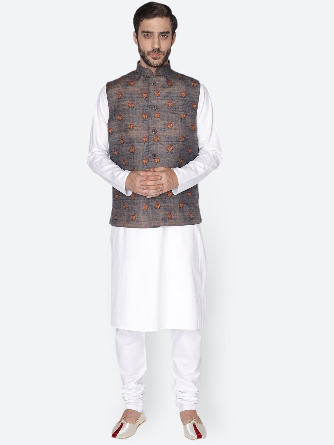 

NAMASKAR Men White & Grey Pure Cotton Kurta with Pyjamas & Nehru Jacket