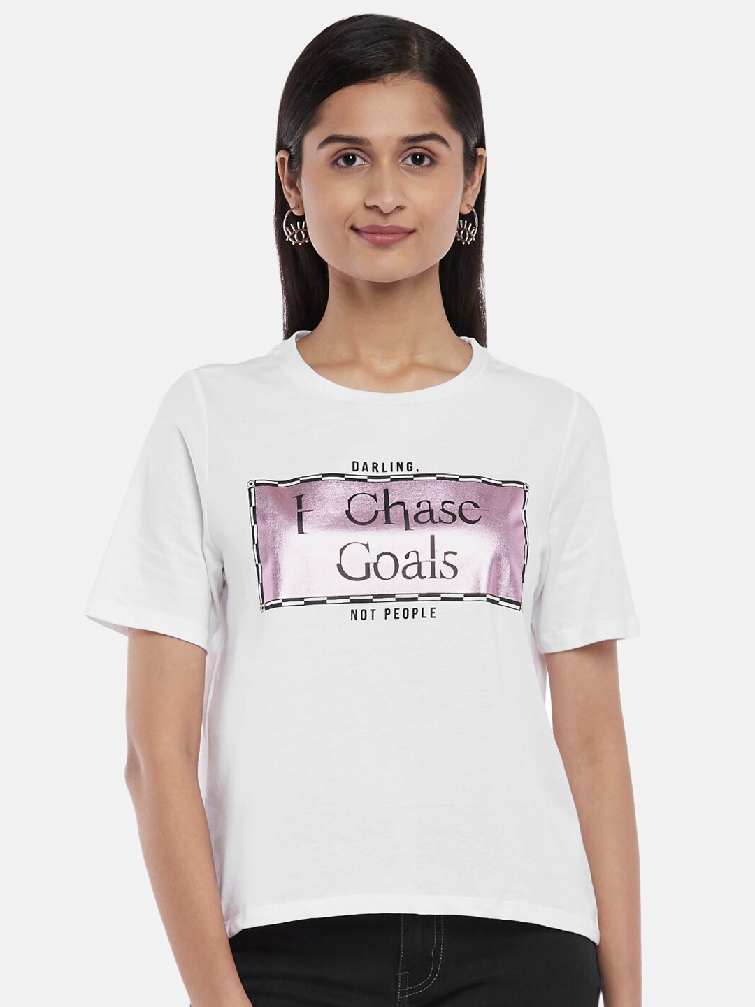 

People Women White & Purple Typography Printed Pure Cotton T-shirt