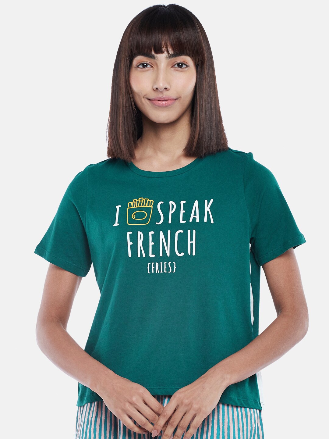 

People Women Green & White Typography Printed Pure Cotton T-shirt