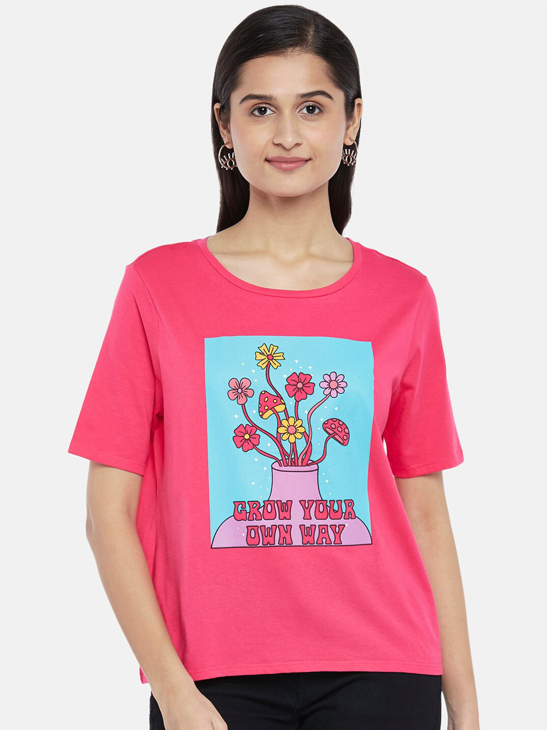 

People Women Pink & Blue Printed Pure Cotton T-shirt