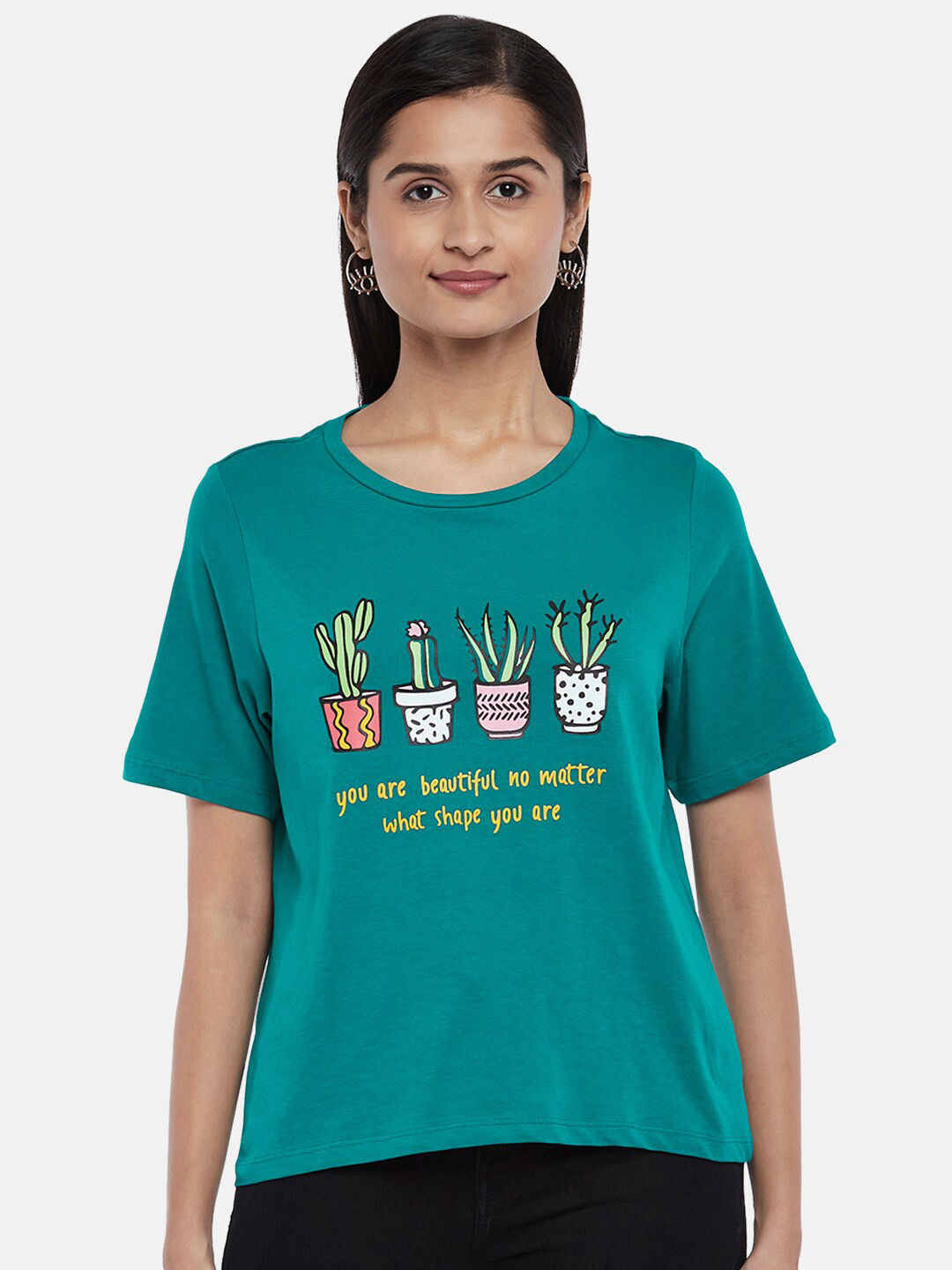 

People Women Teal Green & White Printed Pure Cotton T-shirt