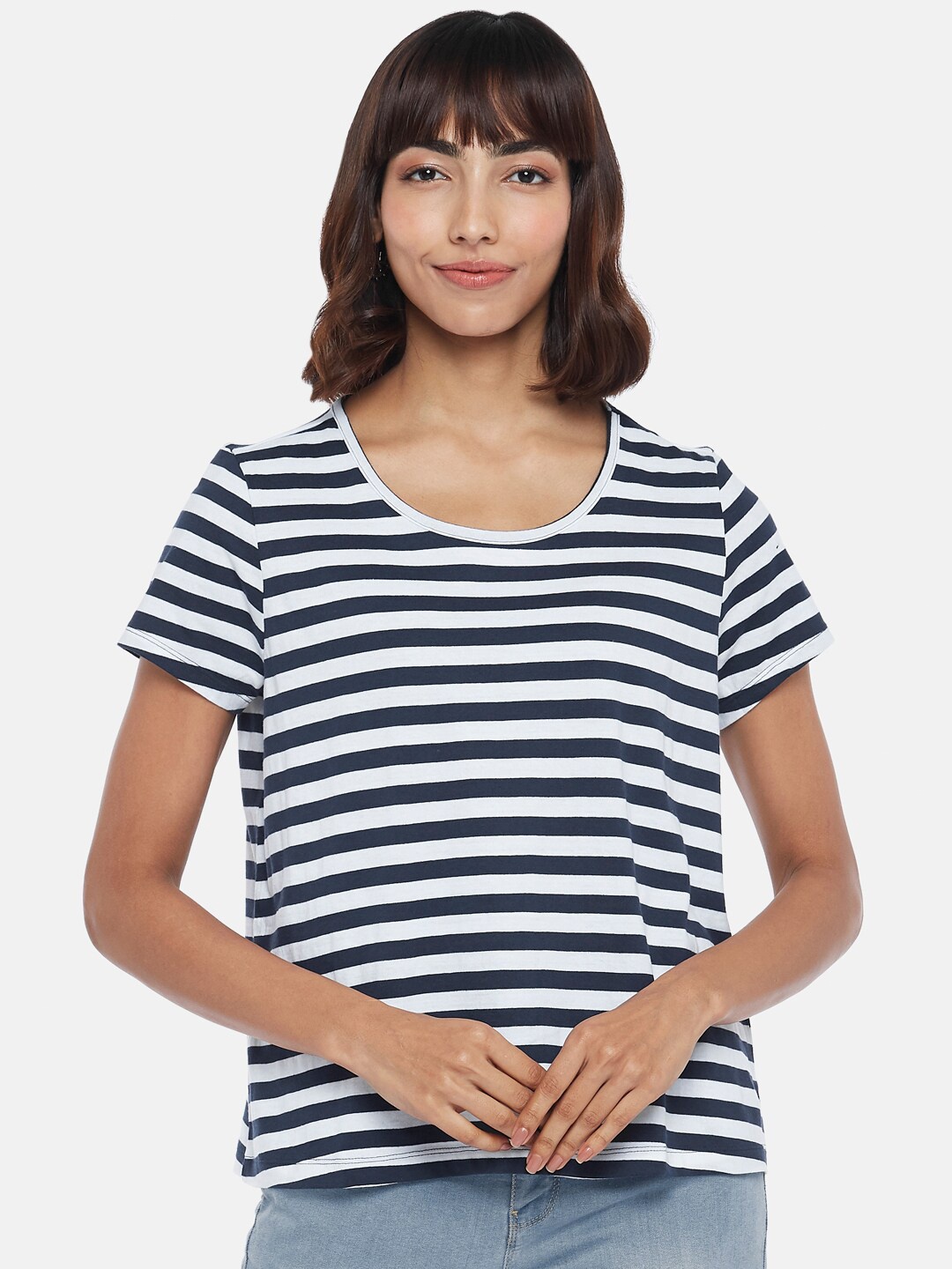

People Women Navy Blue & White Striped T-shirt