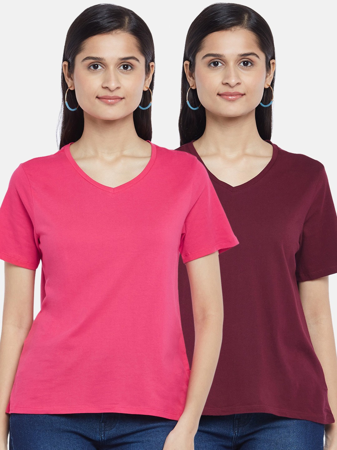 

People Women Pack Of 2 Pure Cotton T-shirts, Pink