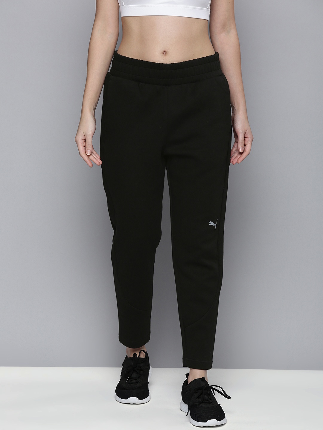 

Puma Women Black Solid Double Knitted Mid-Rise dryCell Technology Evostripe Sustainable Sustainable Track Pants