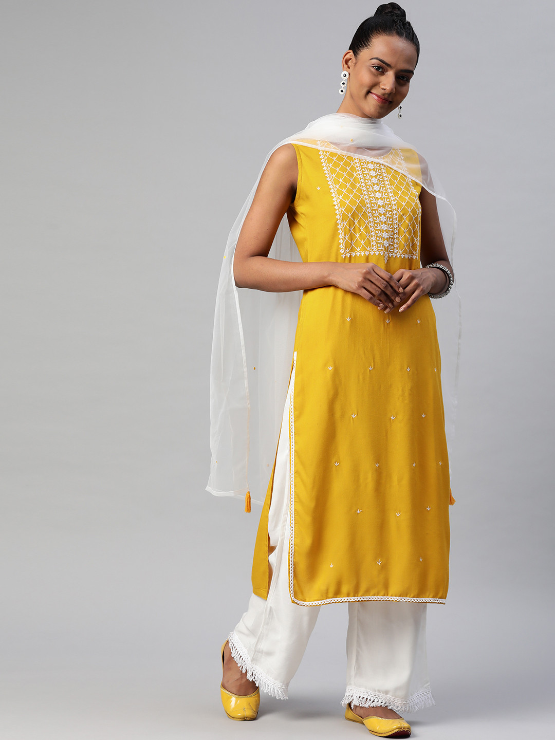 

Nirkhi Women Mustard Yellow Ethnic Motifs Yoke Design Thread Work Kurta with Palazzos & With Dupatta