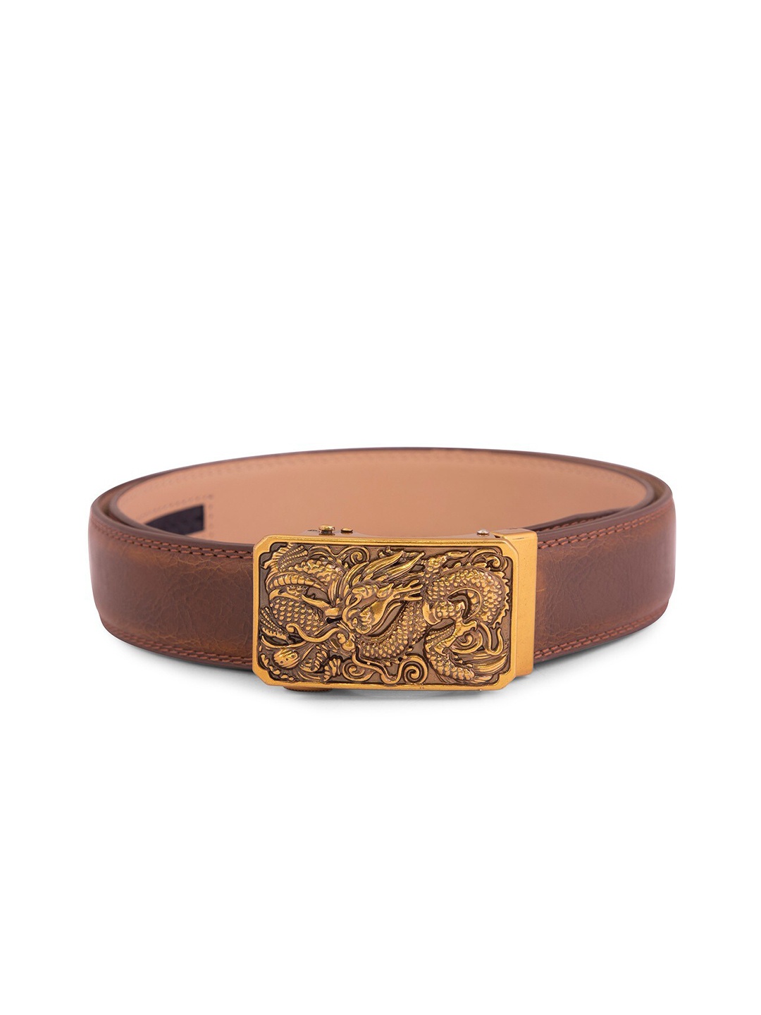 

BANGE Men Brown & Gold-Toned Textured Genuine Leather Belt With Fire Dragon Design Buckle