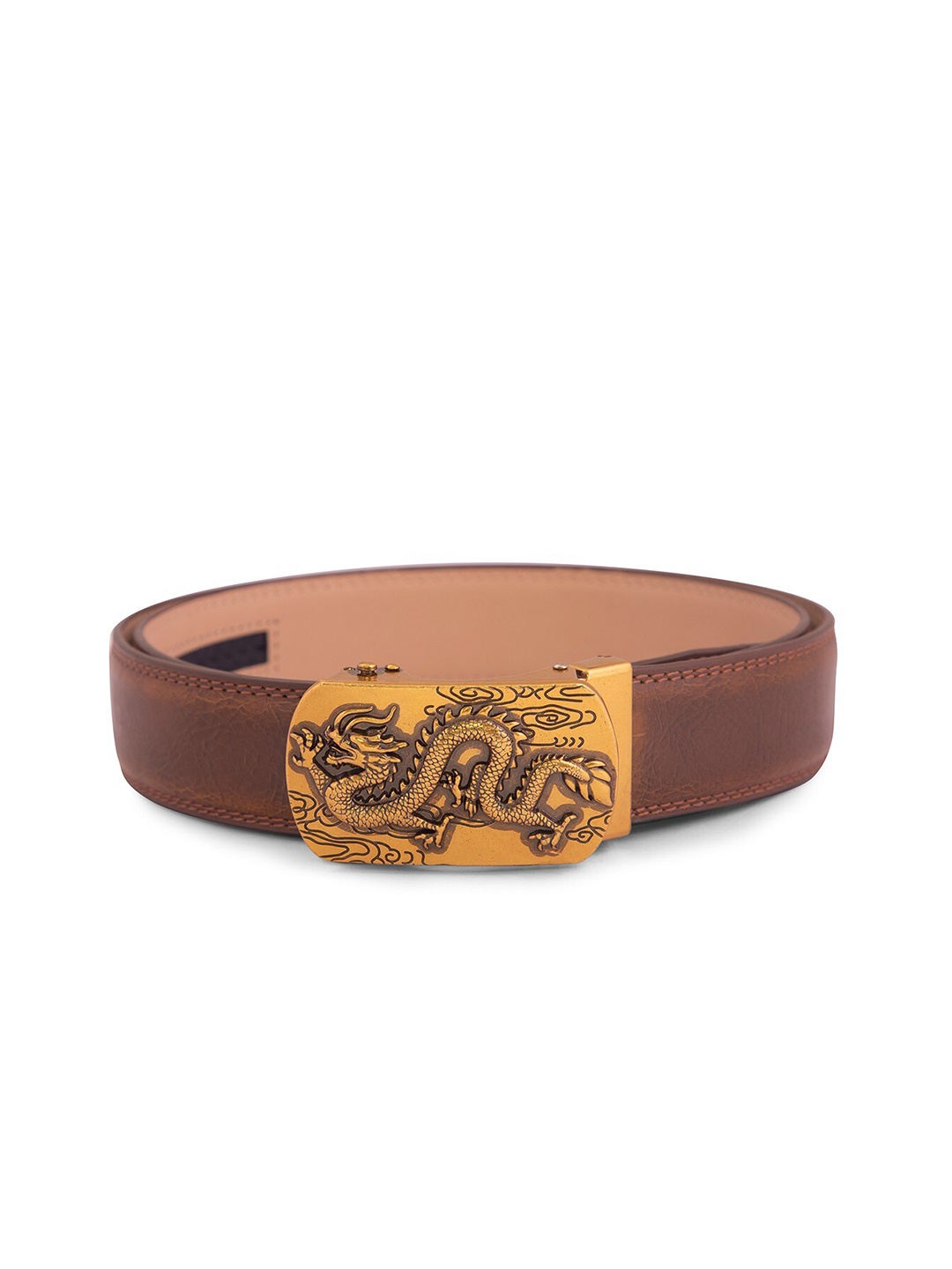 

BANGE Men Brown & Bronze-Toned Textured Genuine Leather Belt & Flying Dragon Design Buckle