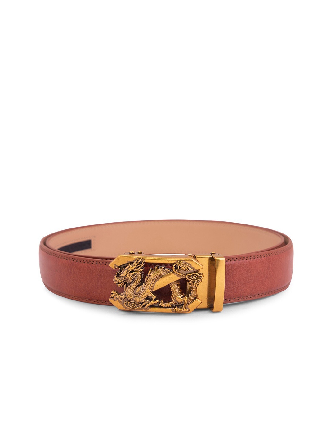 

BANGE Men Red & Bronze-Toned Genuine Leather Belt With Dragon Design Buckle