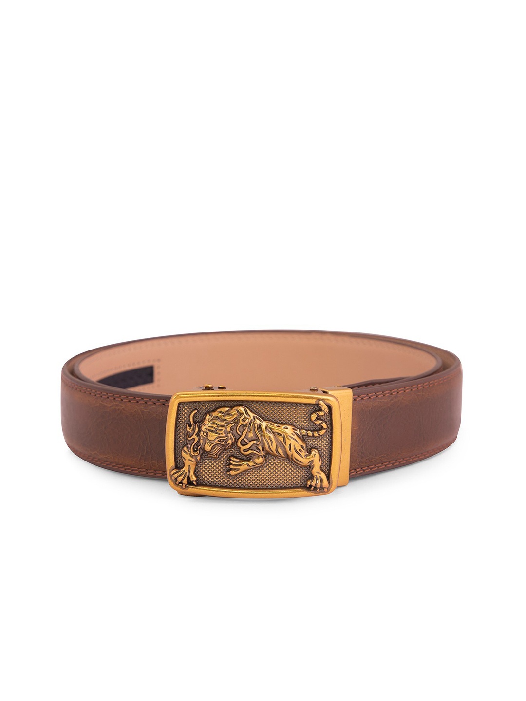 

BANGE Men Brown & Bronze-Toned Textured Genuine Leather Belt With Tiger Design Buckle