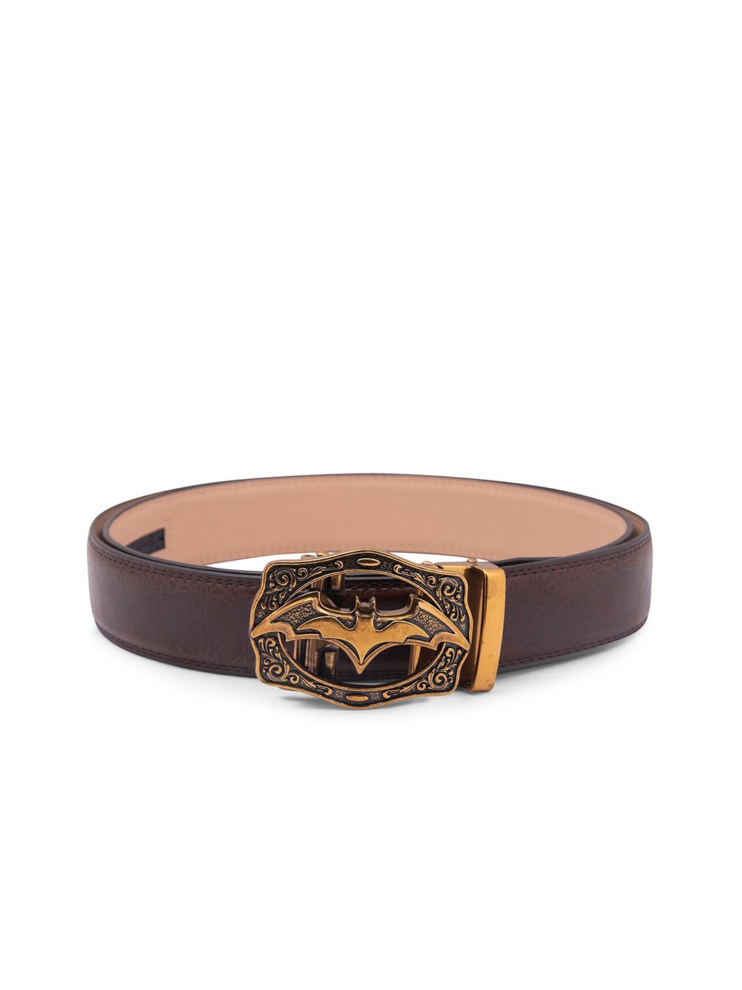 

BANGE Men Brown & Gold-Toned Textured Genuine Leather Belt With Bat Design Buckle