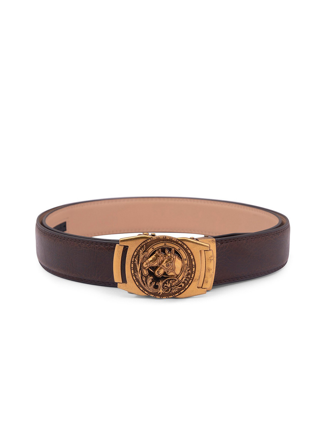 

BANGE Men Brown & Gold-Toned Textured Genuine Leather Belt With Horse Design Buckle