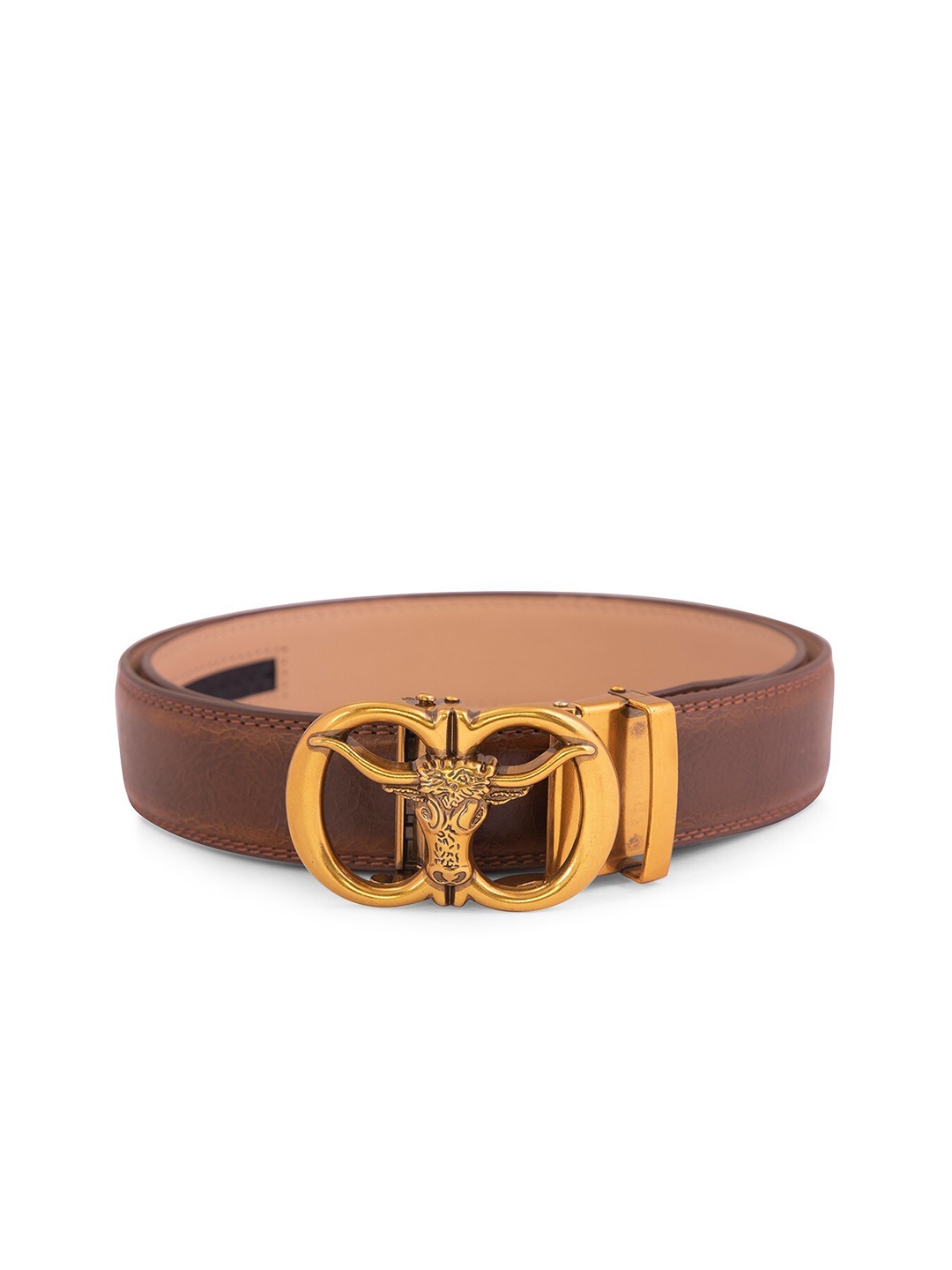 

BANGE Men Brown & Gold-Toned Textured Genuine Leather Belt With Bull Design Buckle