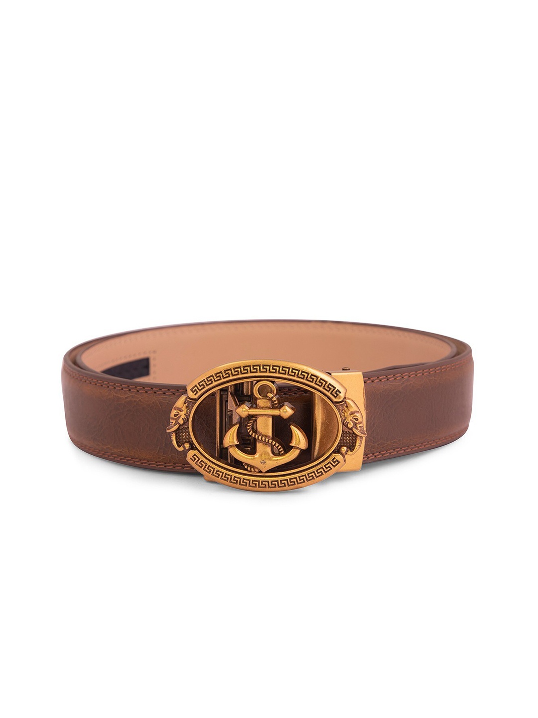 

BANGE Men Brown & Gold-Toned Textured Genuine Leather Belt With Anchor Design Buckle