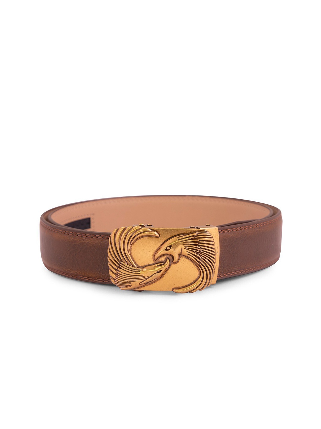 

BANGE Men Brown & Gold-Toned Textured Genuine Leather Belt With Eagle Design Buckle