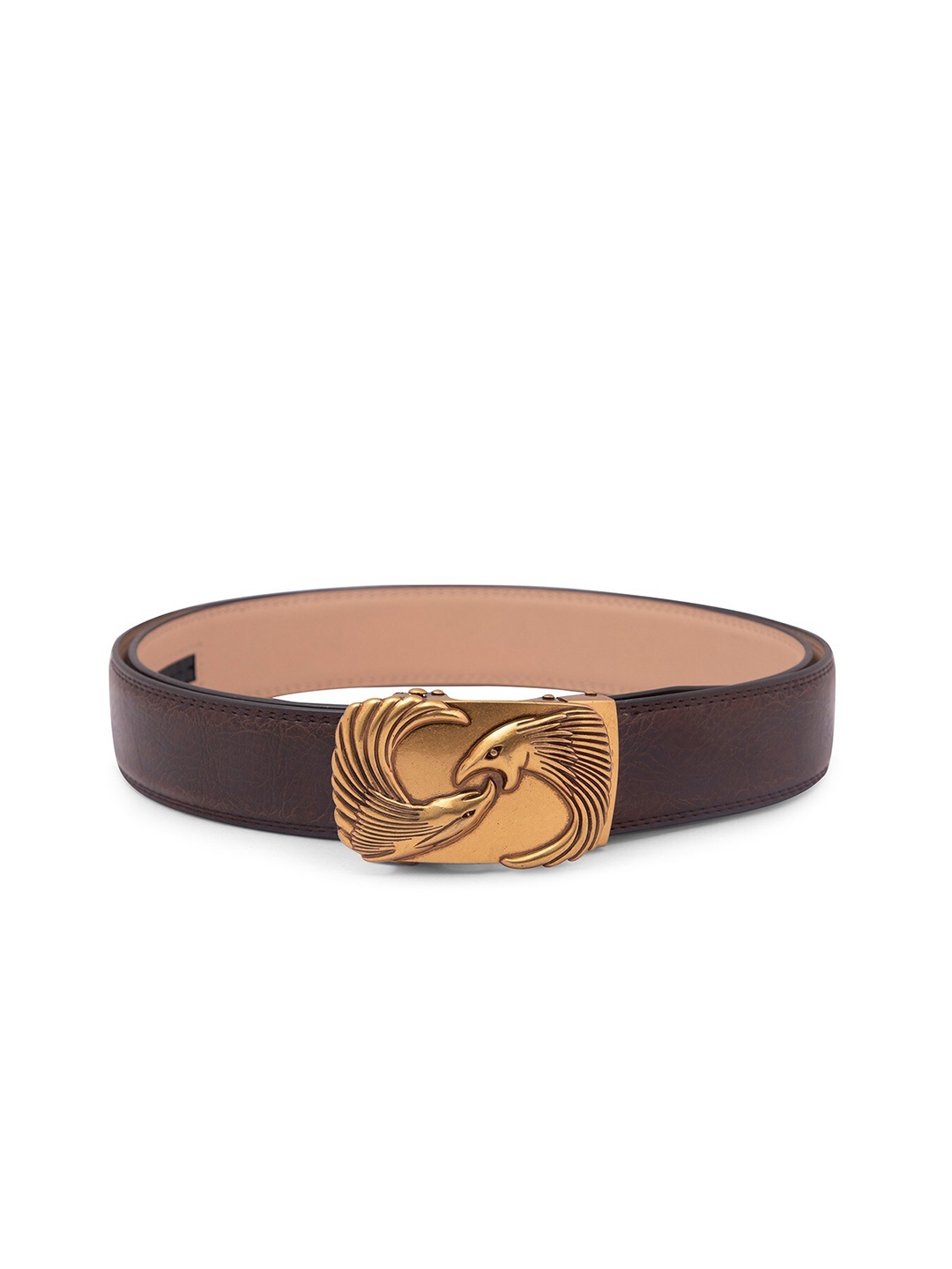 

BANGE Men Brown & Gold-Toned Textured Genuine Leather Belt With Eagle Design Buckle