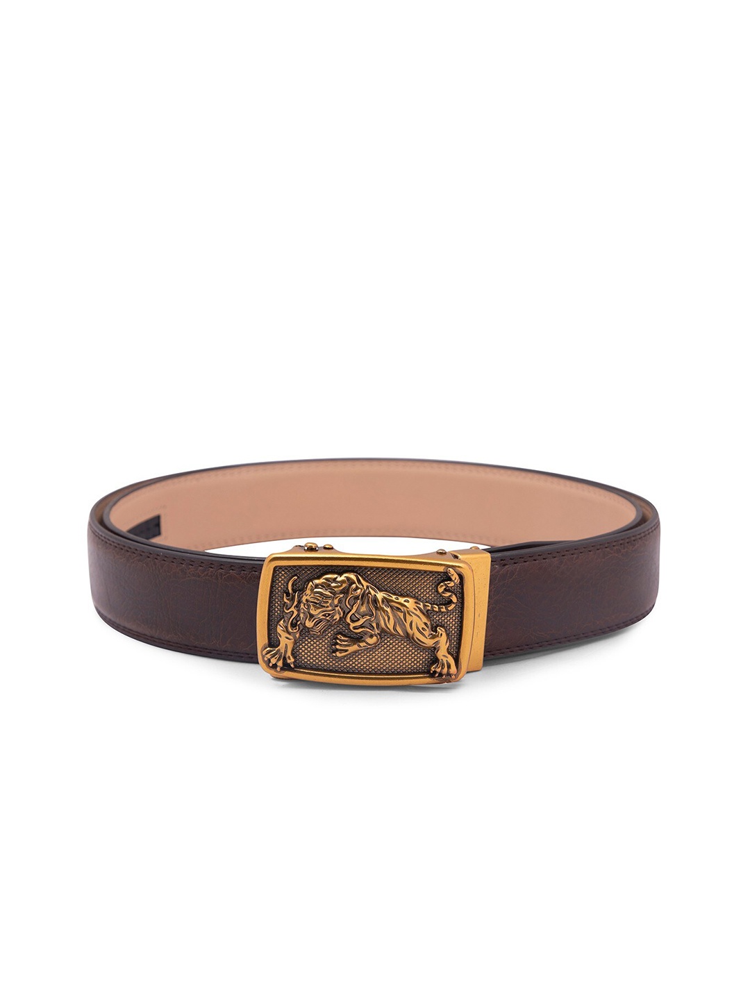 

BANGE Men Brown & Gold-Toned Textured Genuine Leather Belt With Tiger Design Buckle