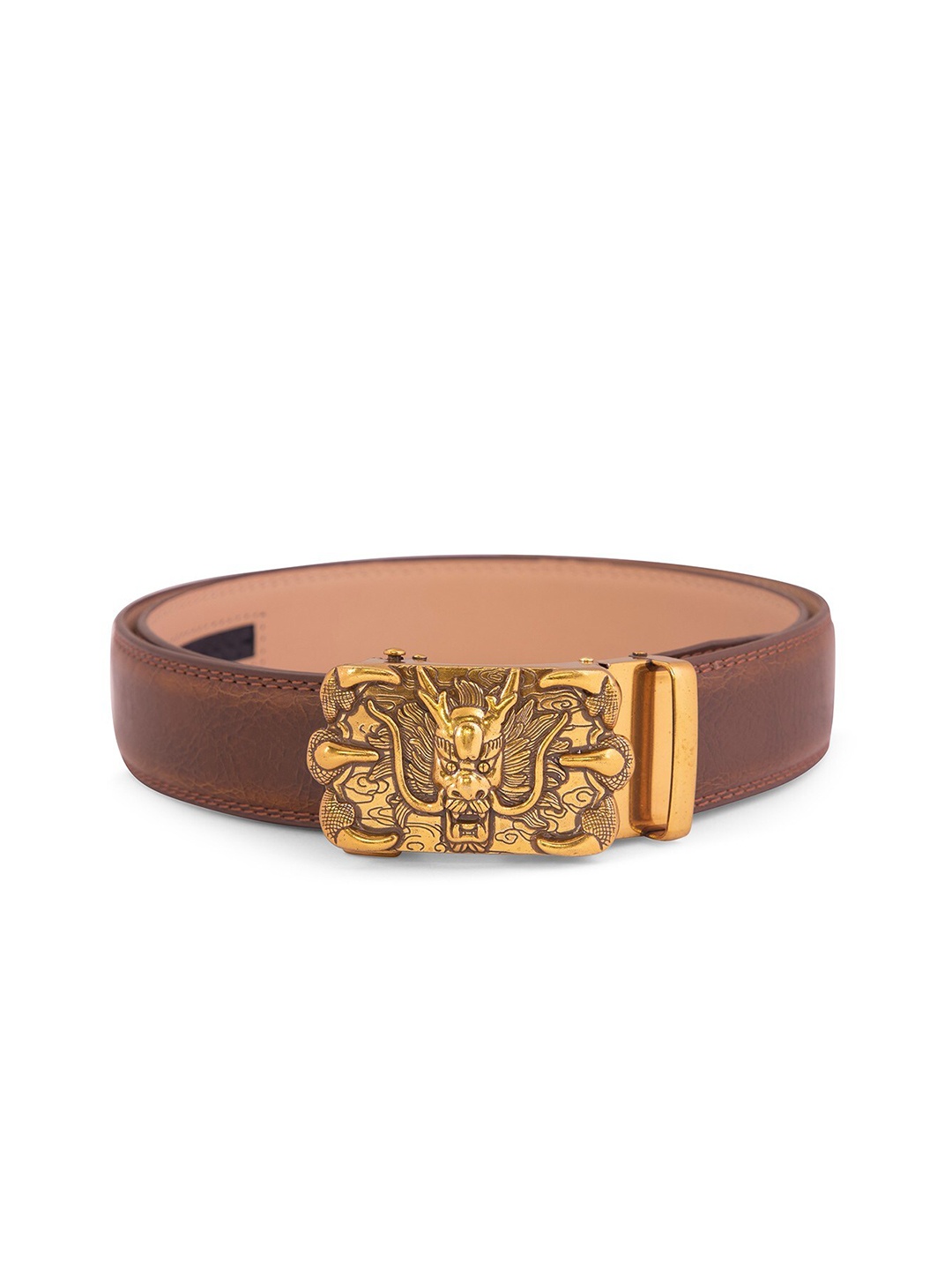

BANGE Men Brown & Gold-Toned Textured Genuine Leather Belt With Claw Dragon Design Buckle