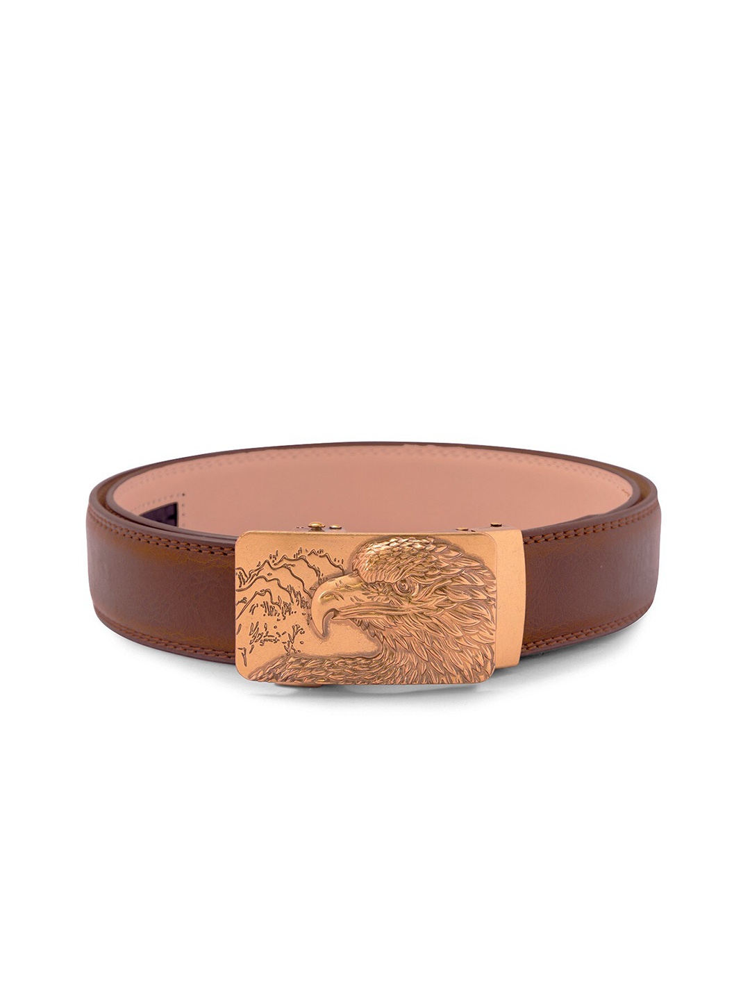 

BANGE Men Brown & Bronze-Toned Textured Genuine Leather Belt With Eagle Head Design Buckle