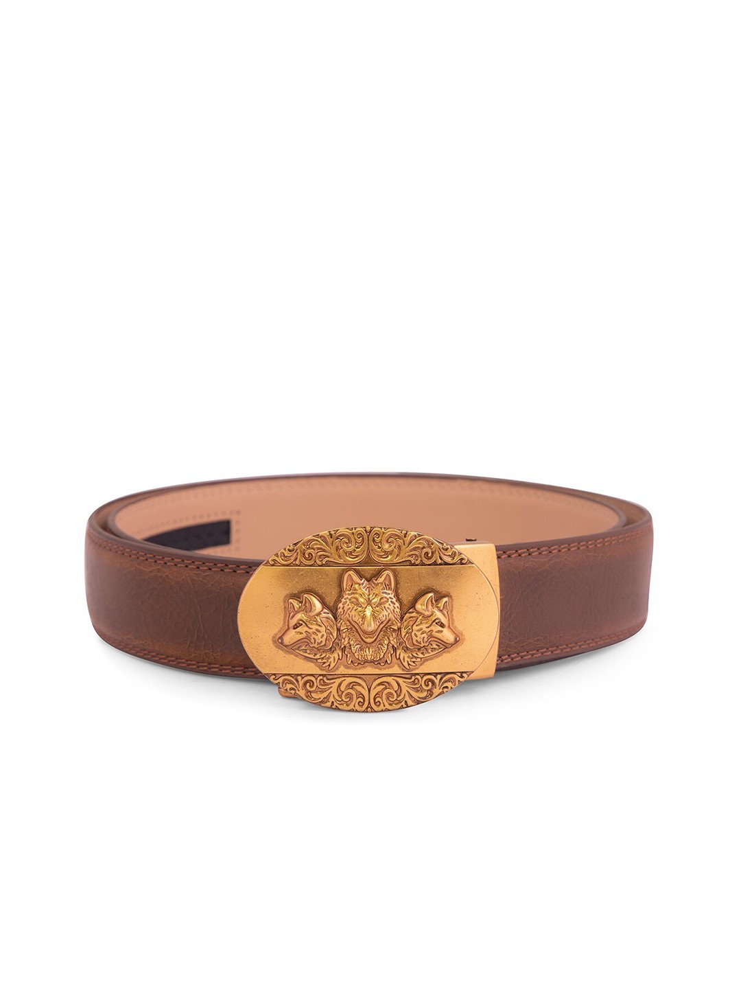 

BANGE Men Brown & Gold-Toned Textured Genuine Leather Belt With Wolf Design Buckle