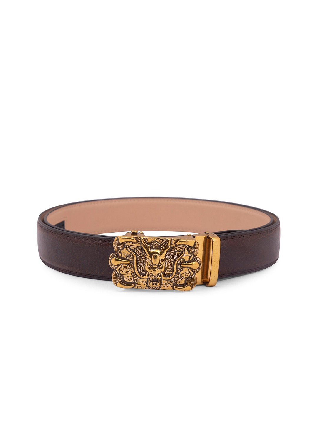 

BANGE Men Brown & Gold-Toned Textured Genuine Leather Belt With Claw Dragon Design Buckle