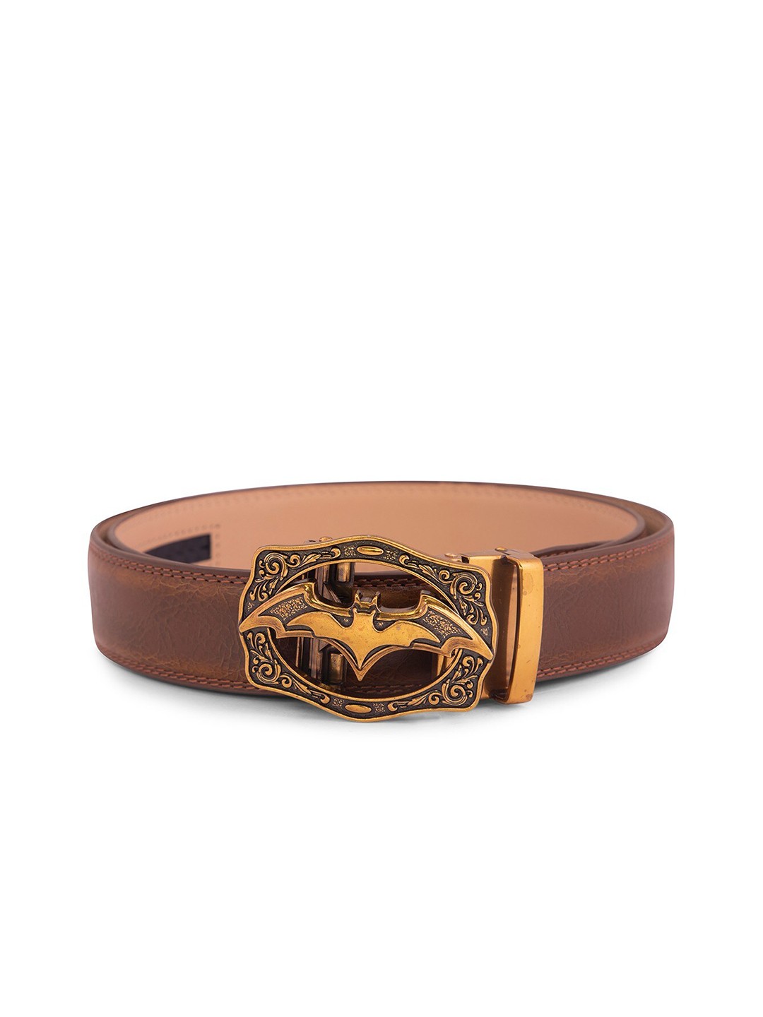 

BANGE Men Brown & Bronze-Toned Textured Genuine Leather Belt With Bat Design Buckle