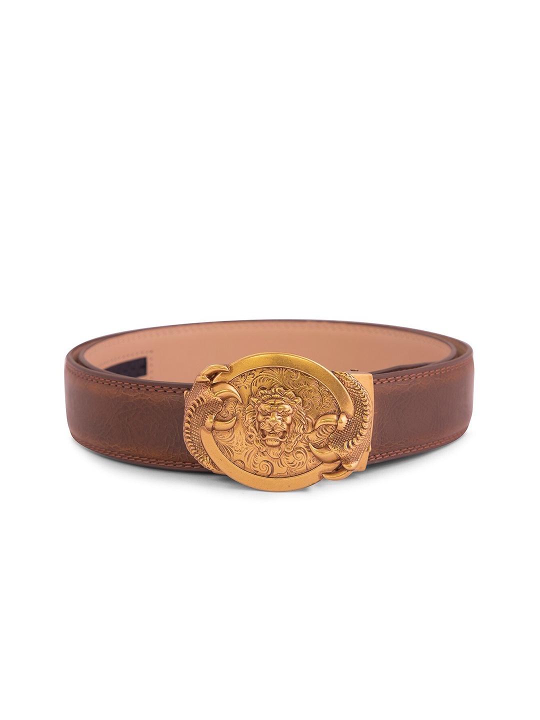 

BANGE Men Brown & Bronze-Toned Textured Genuine Leather Belt With Lion Design Buckle