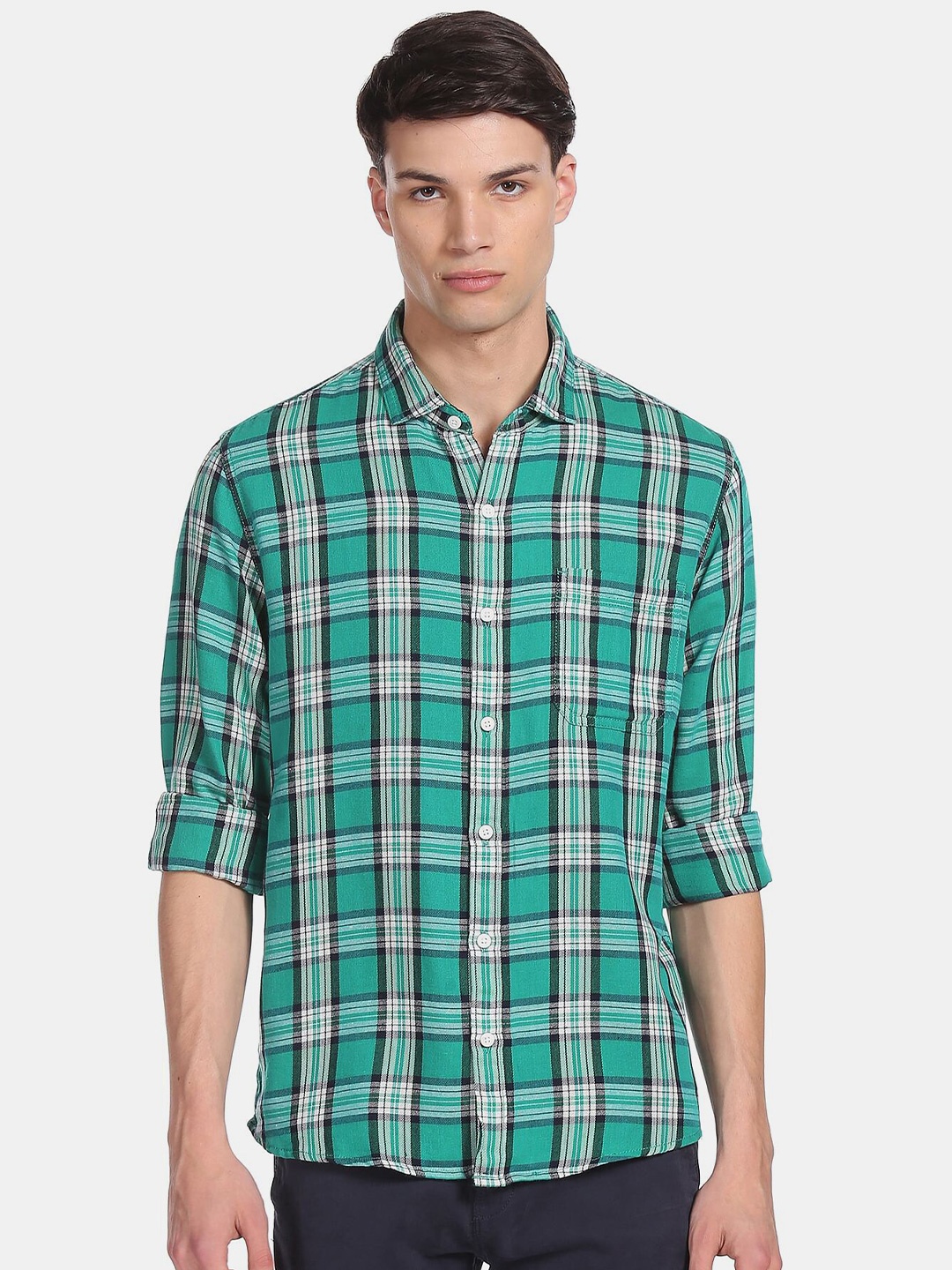 

Cherokee Men Teal Green & White Checked Casual Shirt