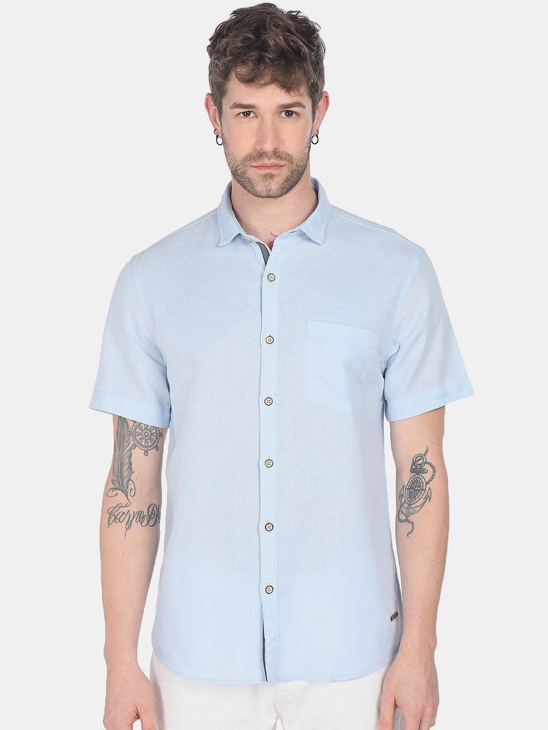 

Cherokee Men Blue Cotton Linen Casual Shirt