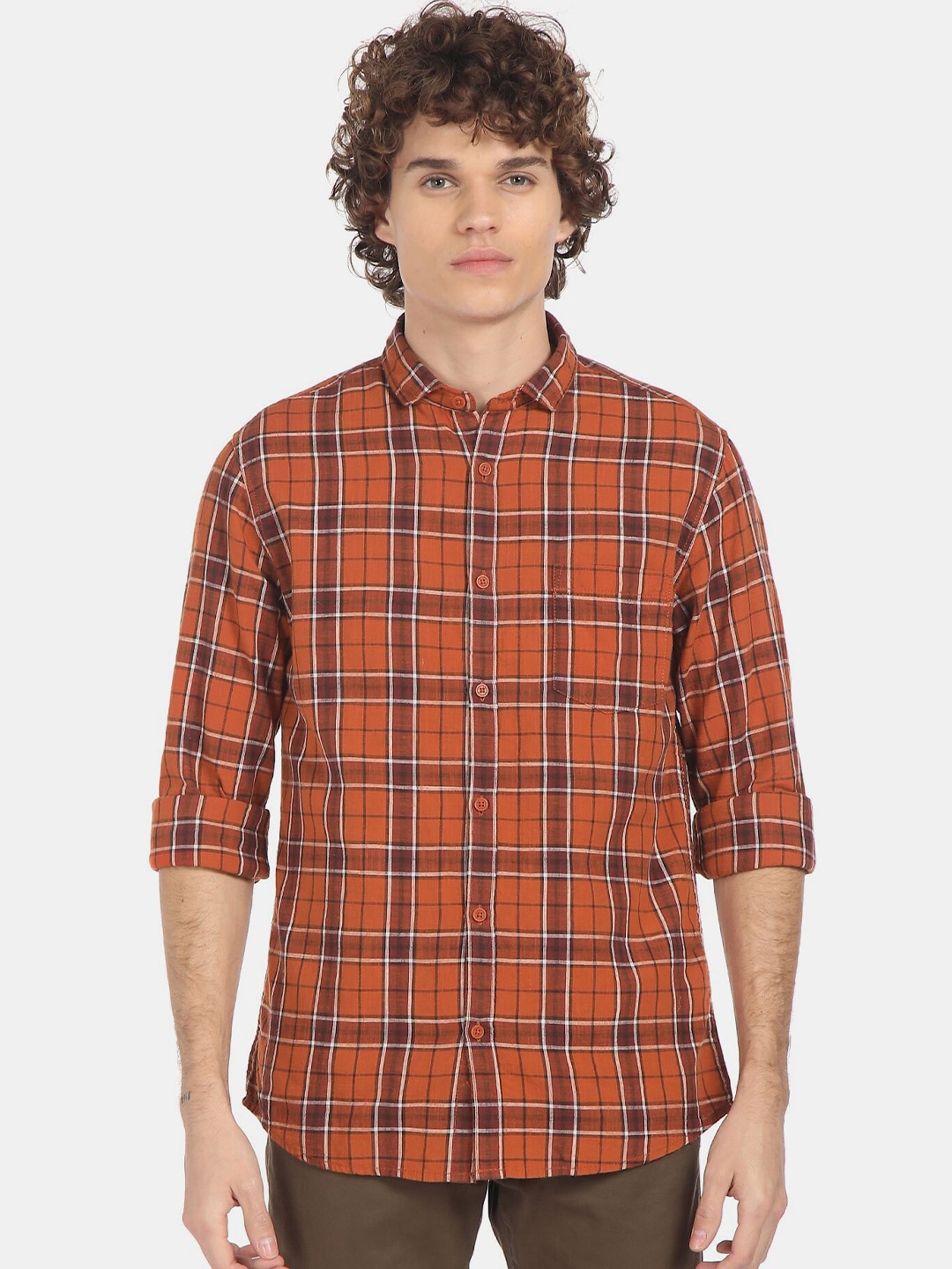 

Cherokee Men Rust Tartan Checked Casual Shirt