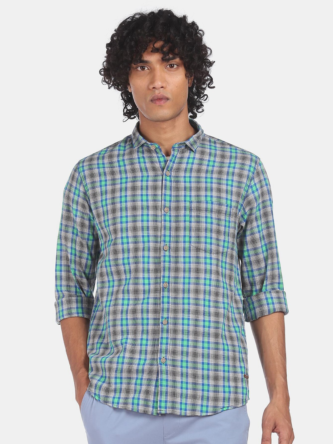 

Cherokee Men Grey & Green Tartan Checked Casual Shirt