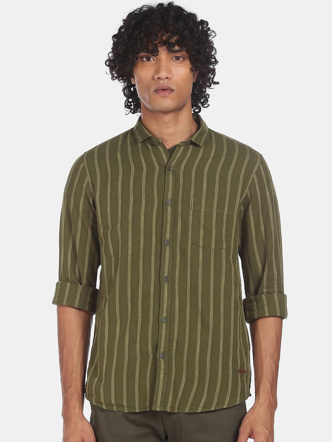 

Cherokee Men Olive Green Striped Casual Shirt