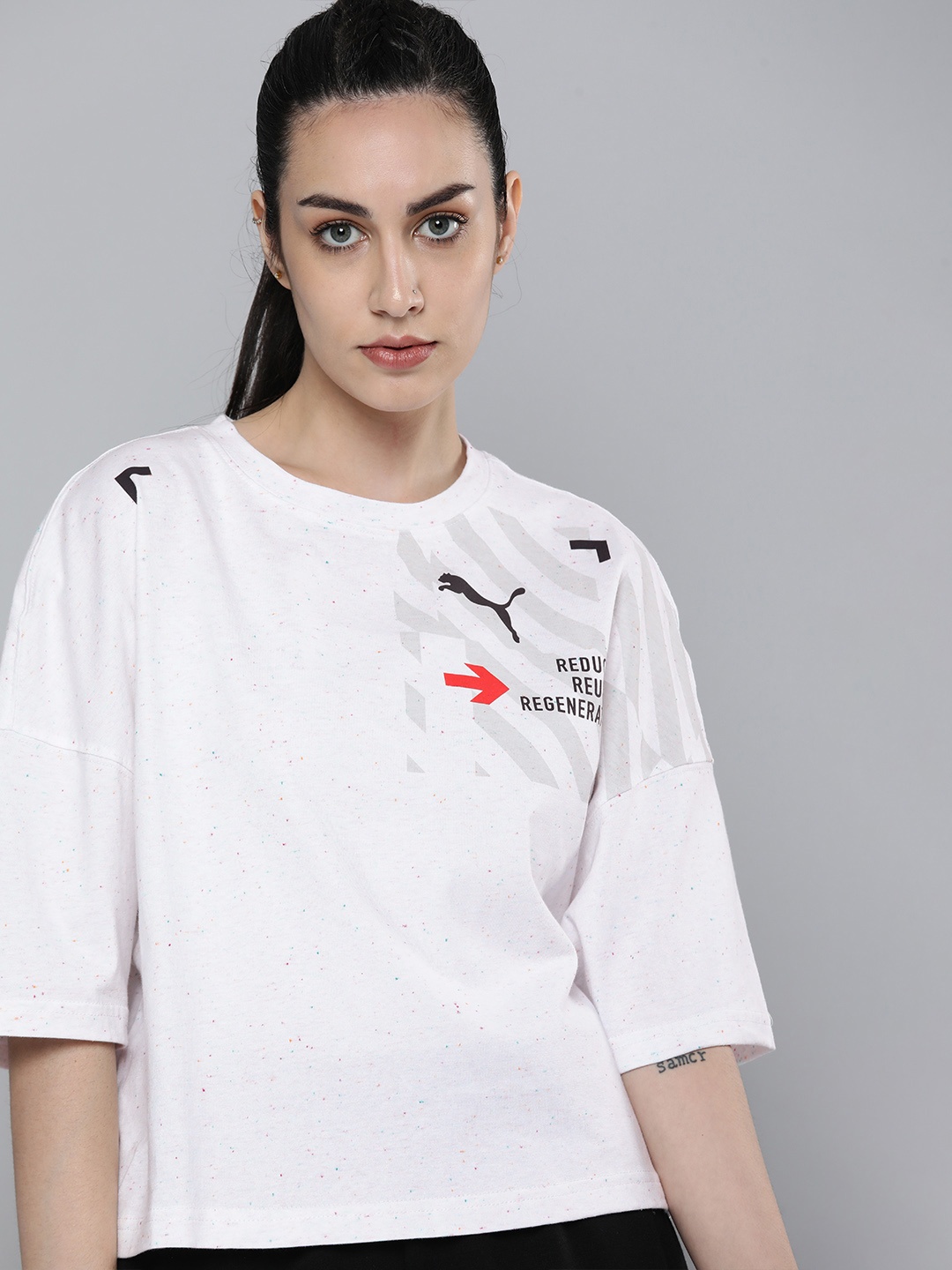 

Puma Women White & Black Printed RE:Collection Oversized Extended Sleeves T-shirt