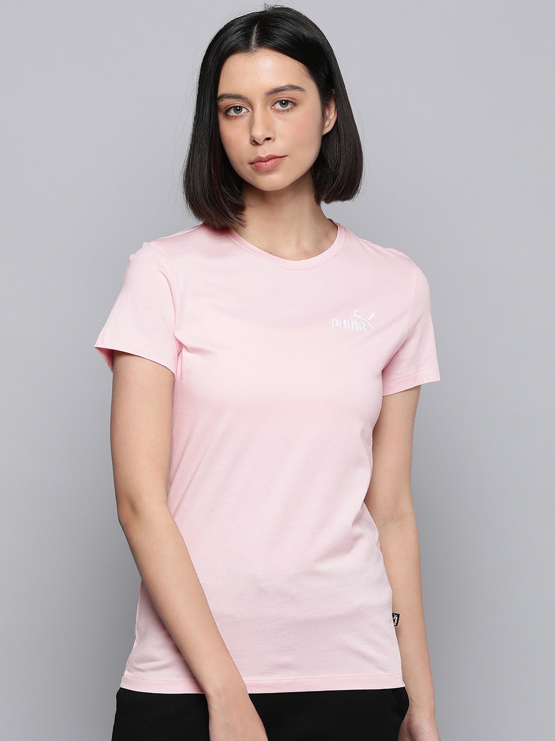 

Puma Women Chalk Pink Round Neck Pure Cotton Essentials+ Brand Logo Embroidered T-shirt