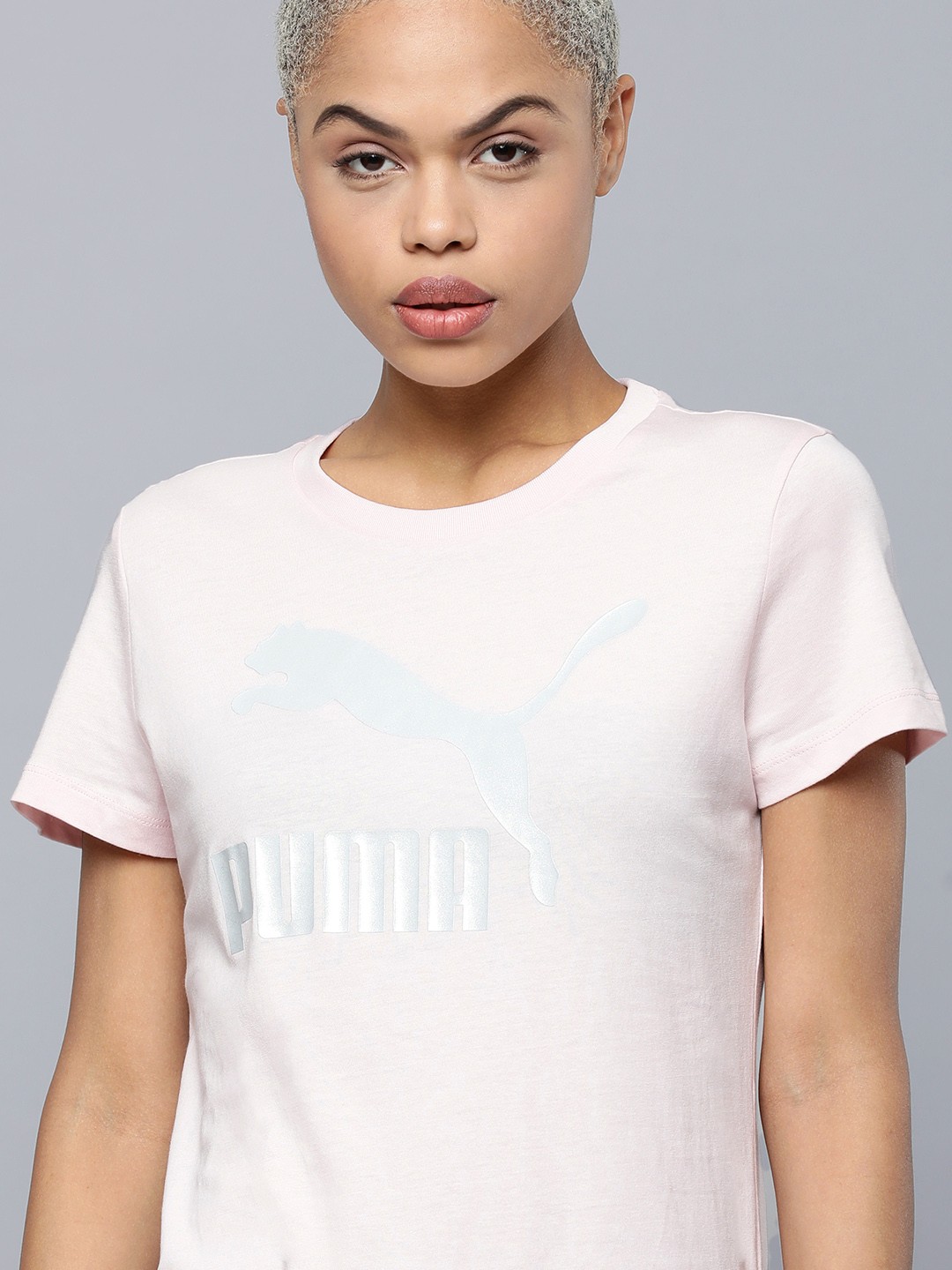 

Puma Women Pink & Silver-Toned Brand Logo Printed T-shirt