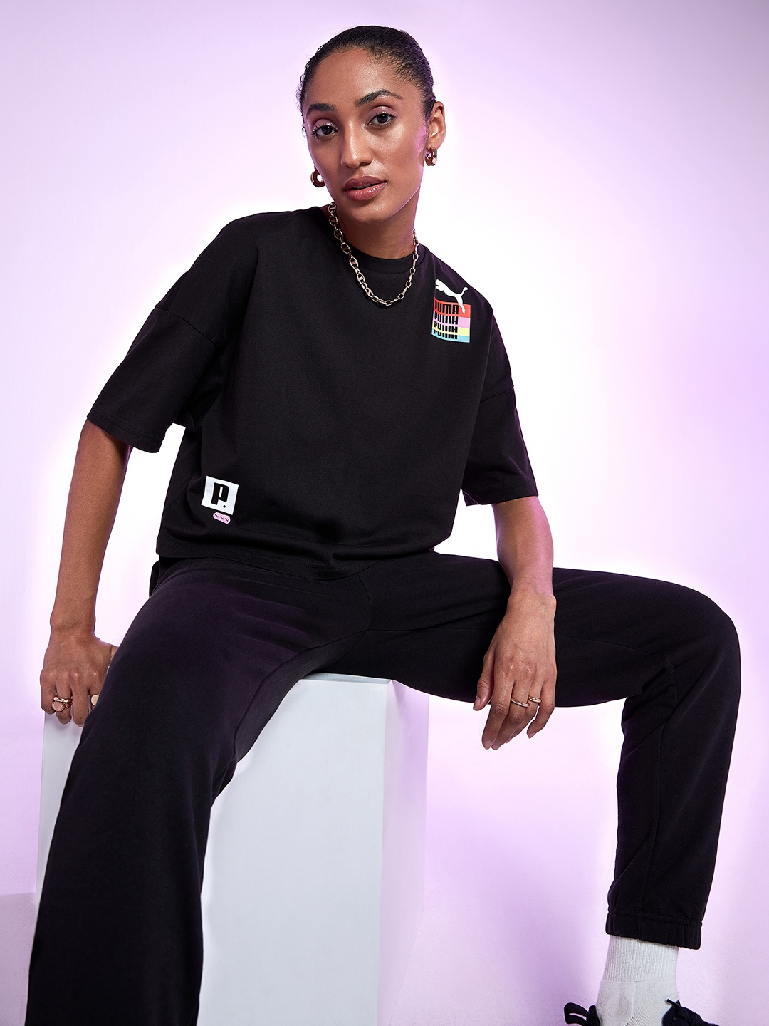 Puma Women Black Brand Logo Printed Extended Oversized T-shirt