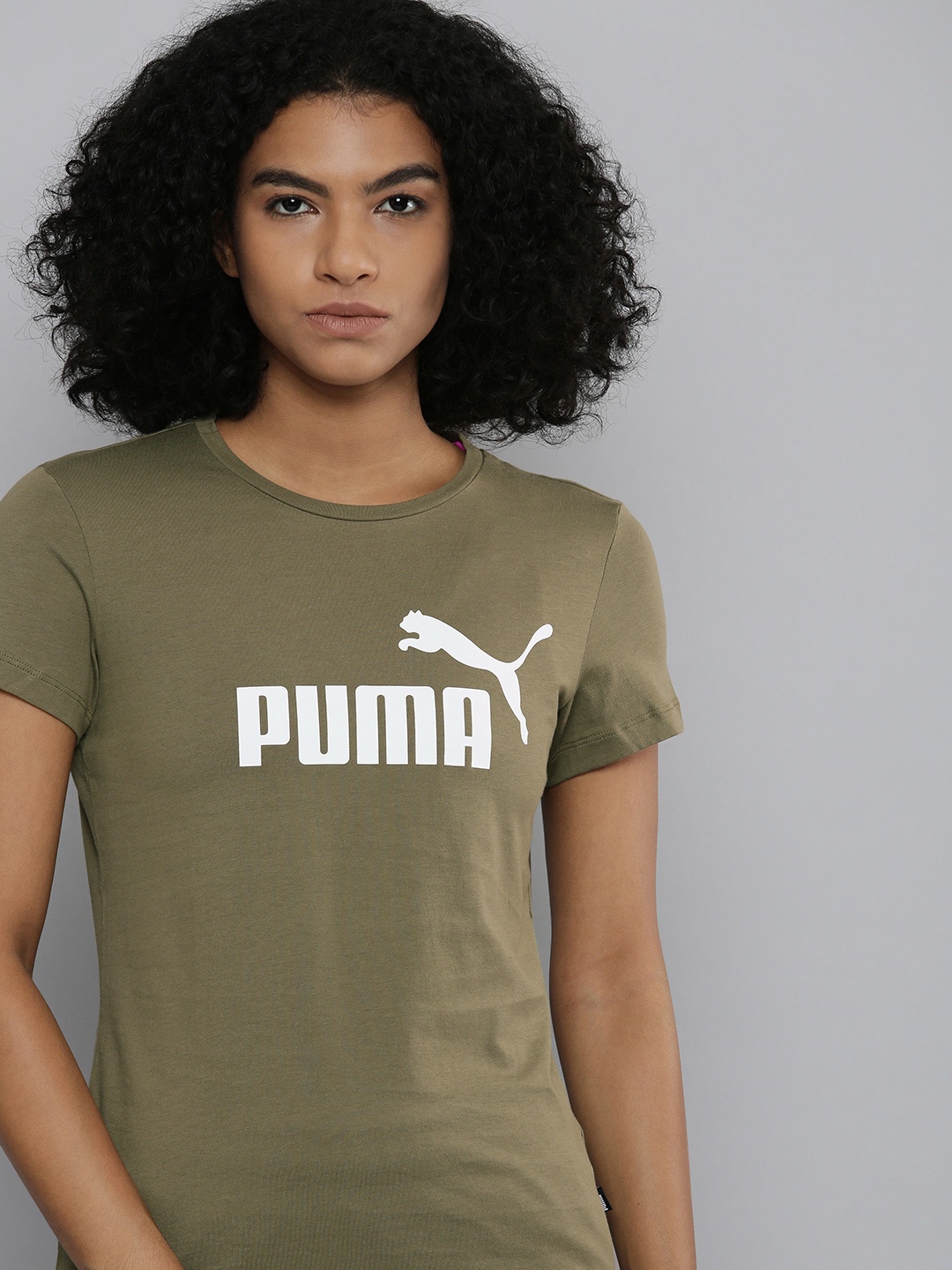 

Puma Women Olive Green & White Brand Logo Printed T-shirt