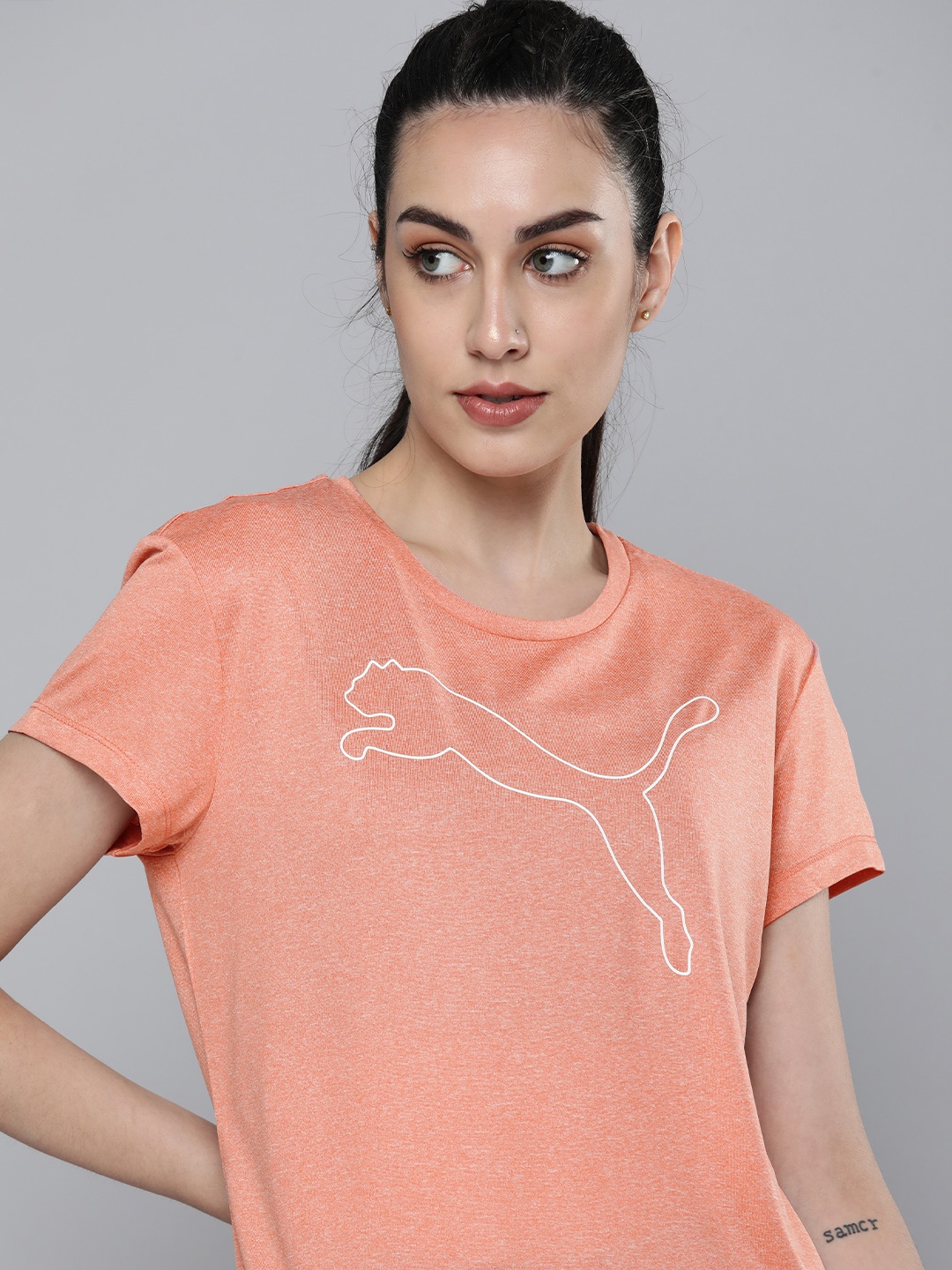 

Puma Women Peach RTG Heather Logo Regular Fit Extended Sleeves T-shirt